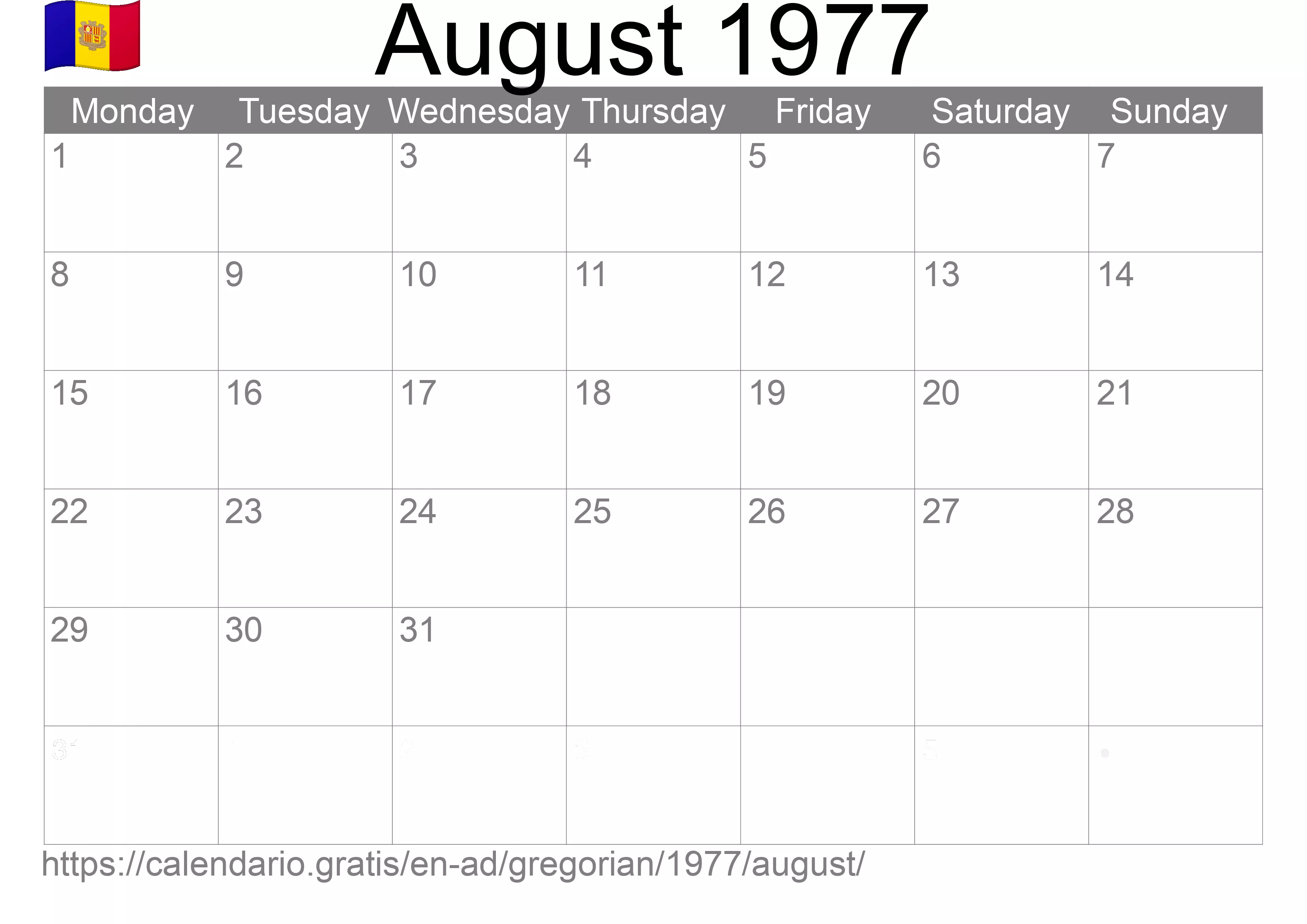 Calendar August 1977 to print (Andorra) Calendar August 1977 to print (Andorra)