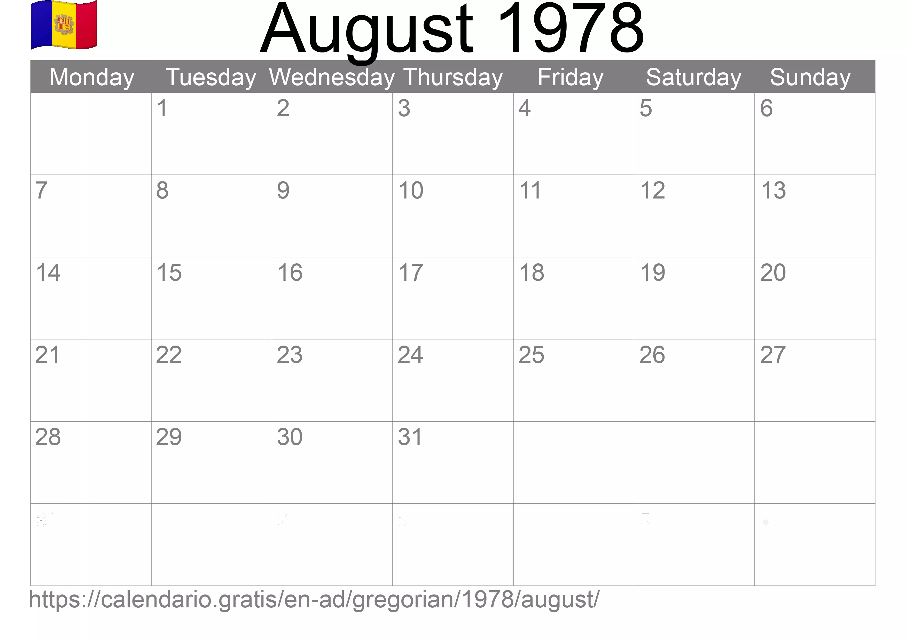 Calendar August 1978 to print (Andorra) Calendar August 1978 to print (Andorra)