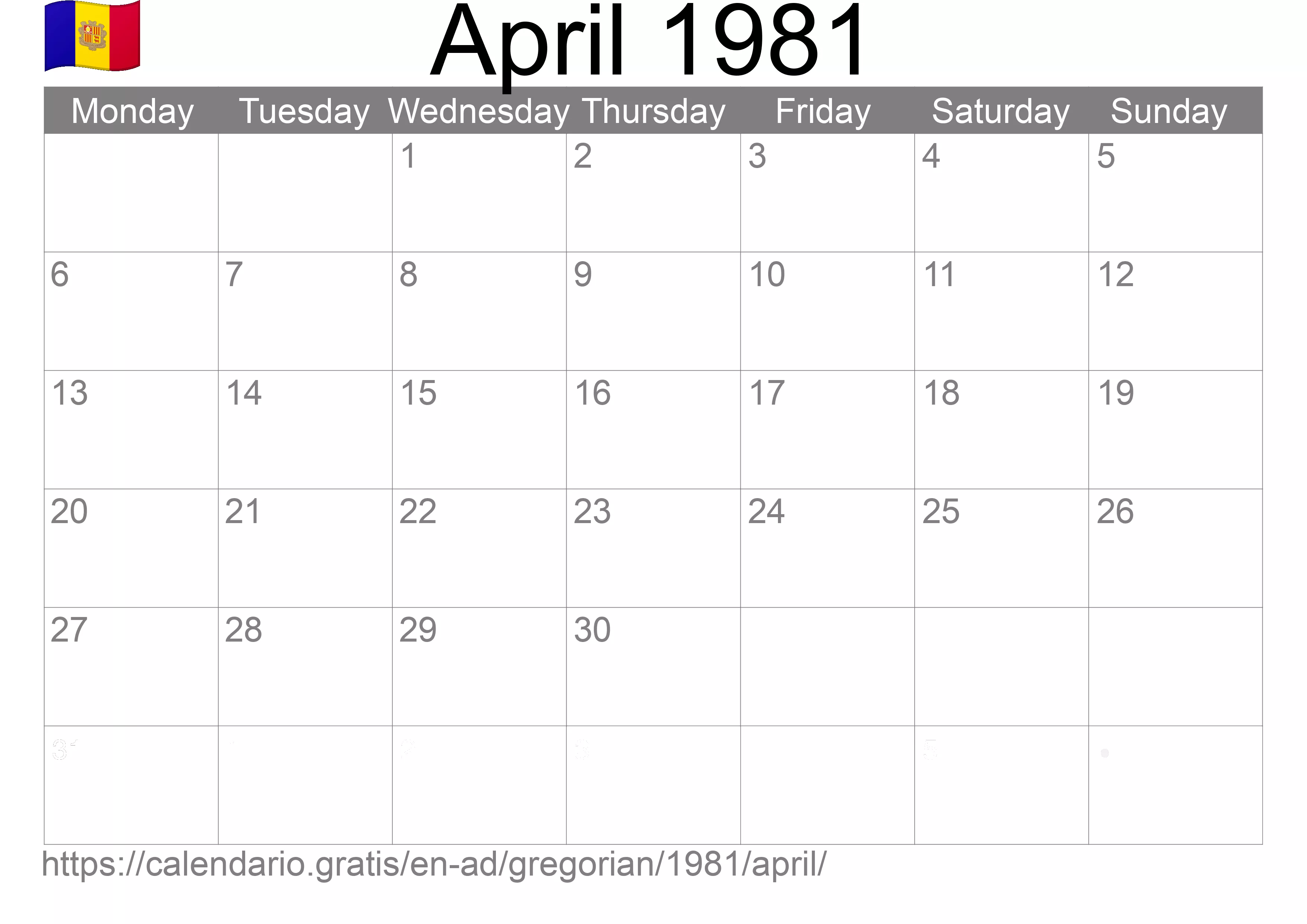 Calendar April 1981 to print (Andorra)