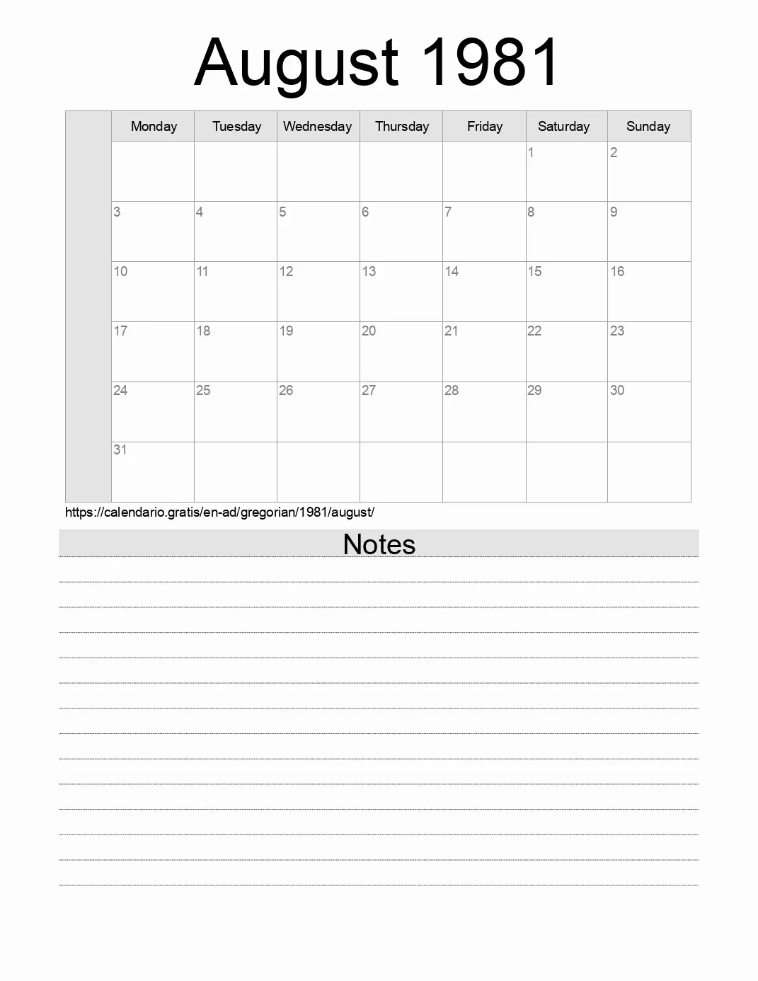 Calendar for printing with notes for 1981 August . (Andorra) Calendar for printing with notes for 1981 August . (Andorra)