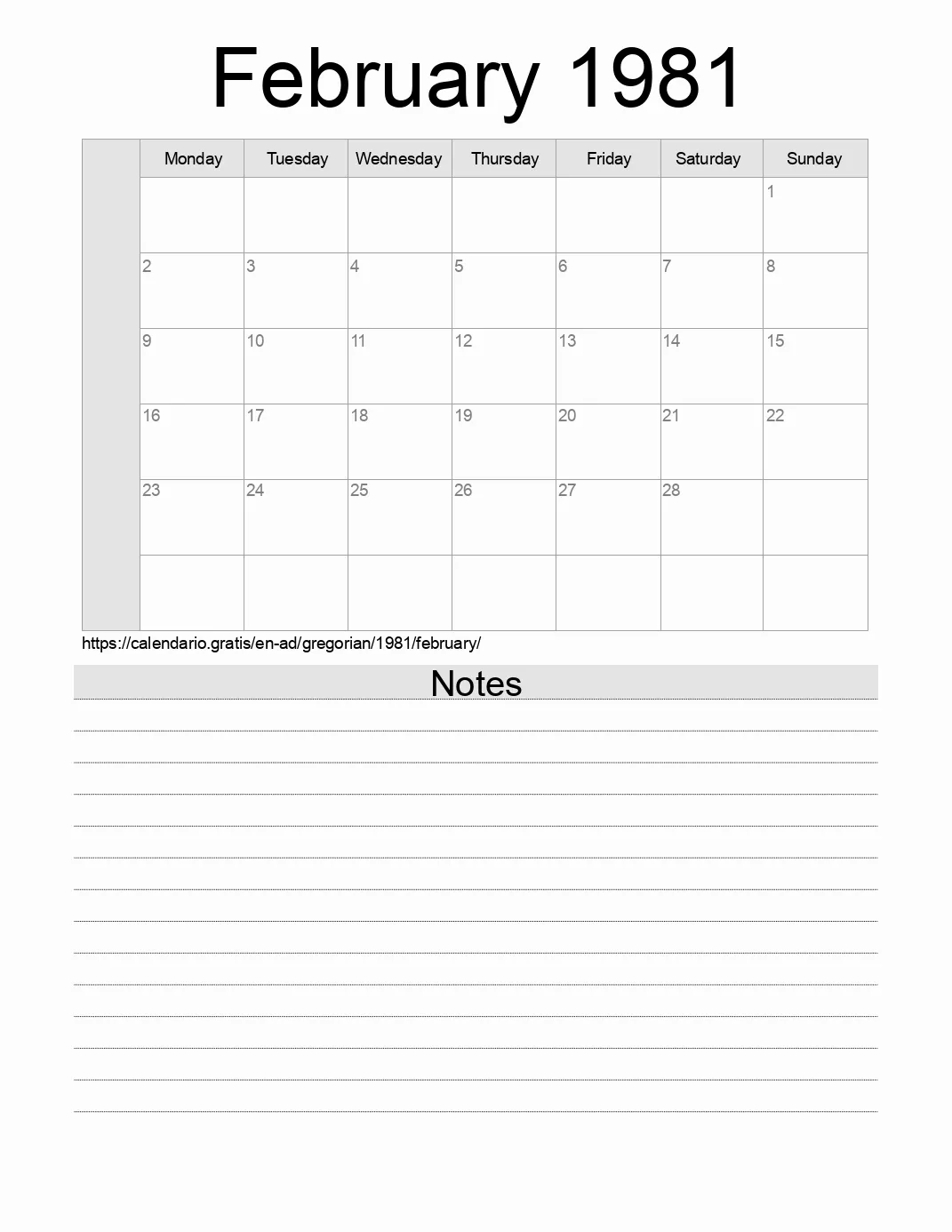 Calendar for printing with notes for 1981 February . (Andorra) Calendar for printing with notes for 1981 February . (Andorra)