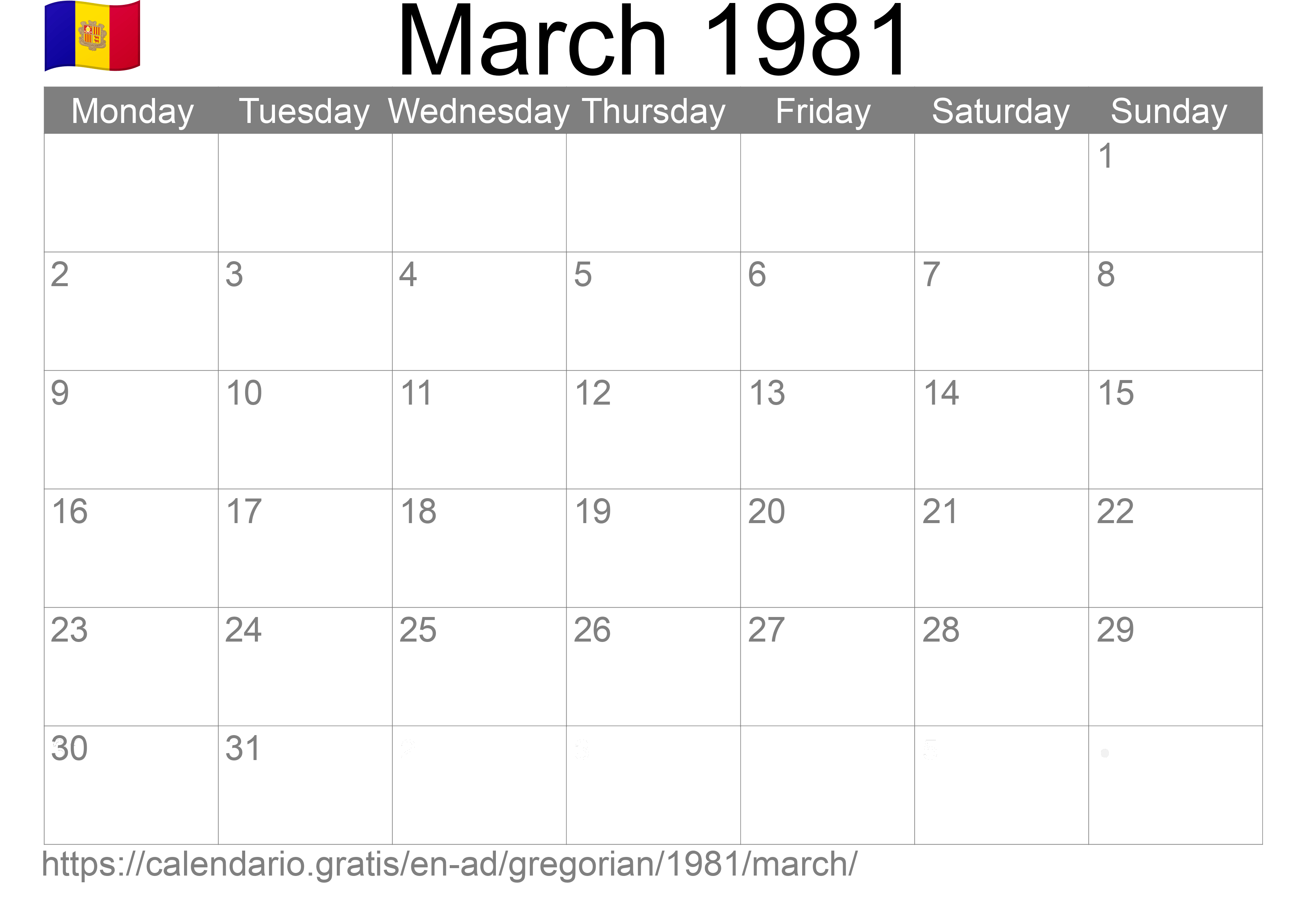 Calendar March 1981 to print