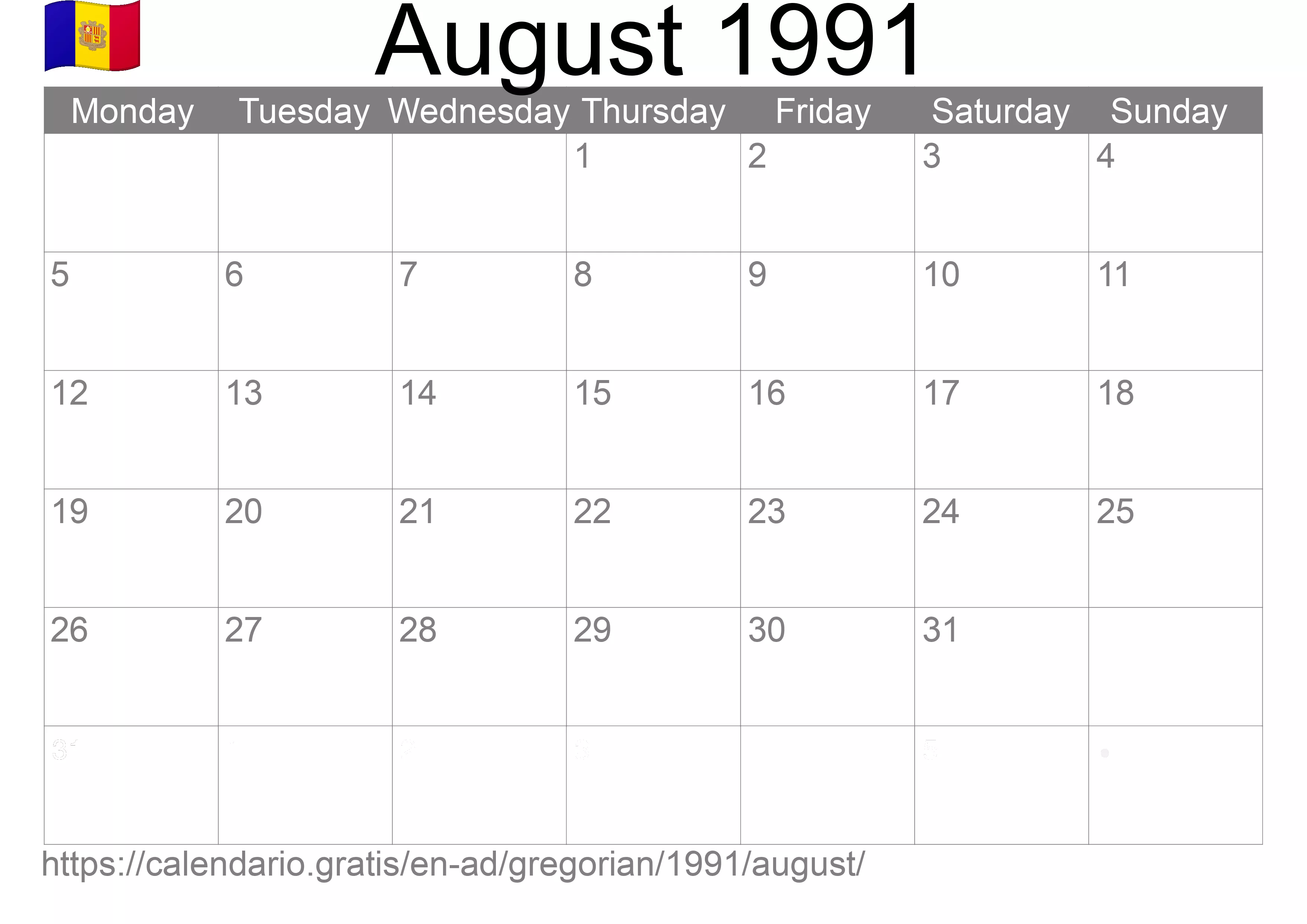 Calendar August 1991 to print (Andorra) Calendar August 1991 to print (Andorra)