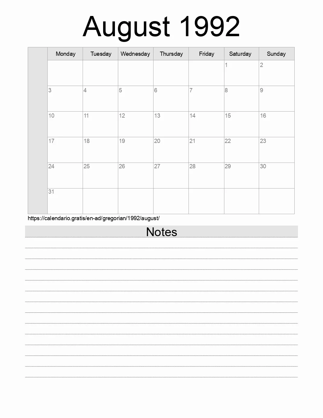 Calendar for printing with notes for 1992 August . (Andorra) Calendar for printing with notes for 1992 August . (Andorra)