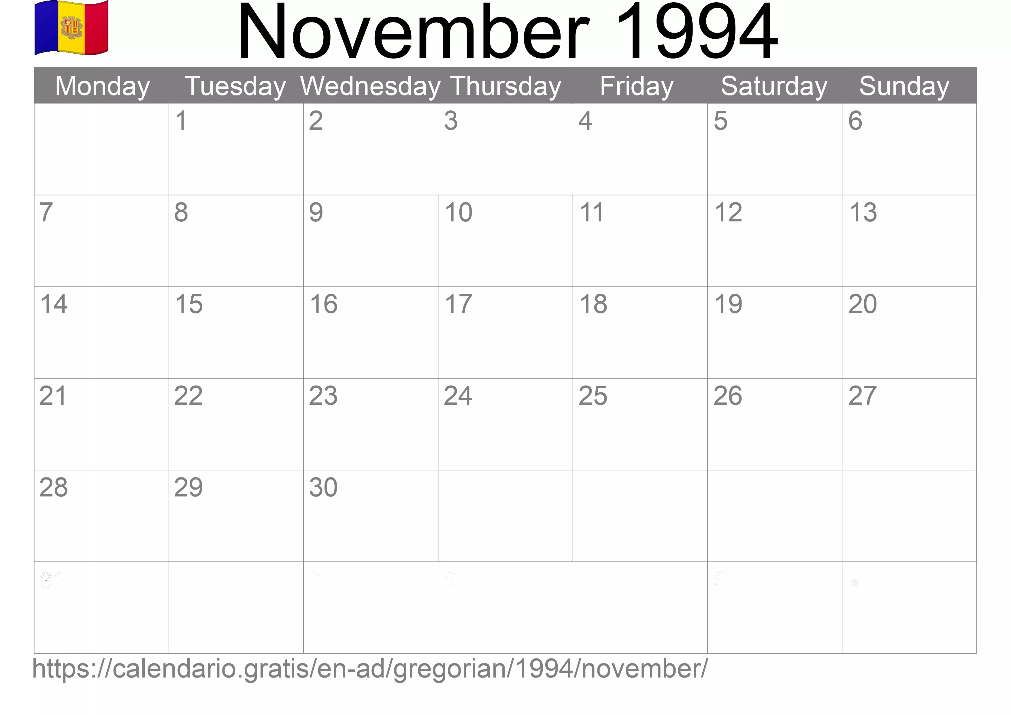 Calendar November 1994 to print (Andorra) Calendar November 1994 to print (Andorra)