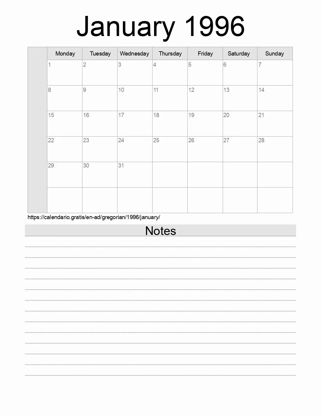 Calendar for printing with notes for 1996 January . (Andorra) Calendar for printing with notes for 1996 January . (Andorra)