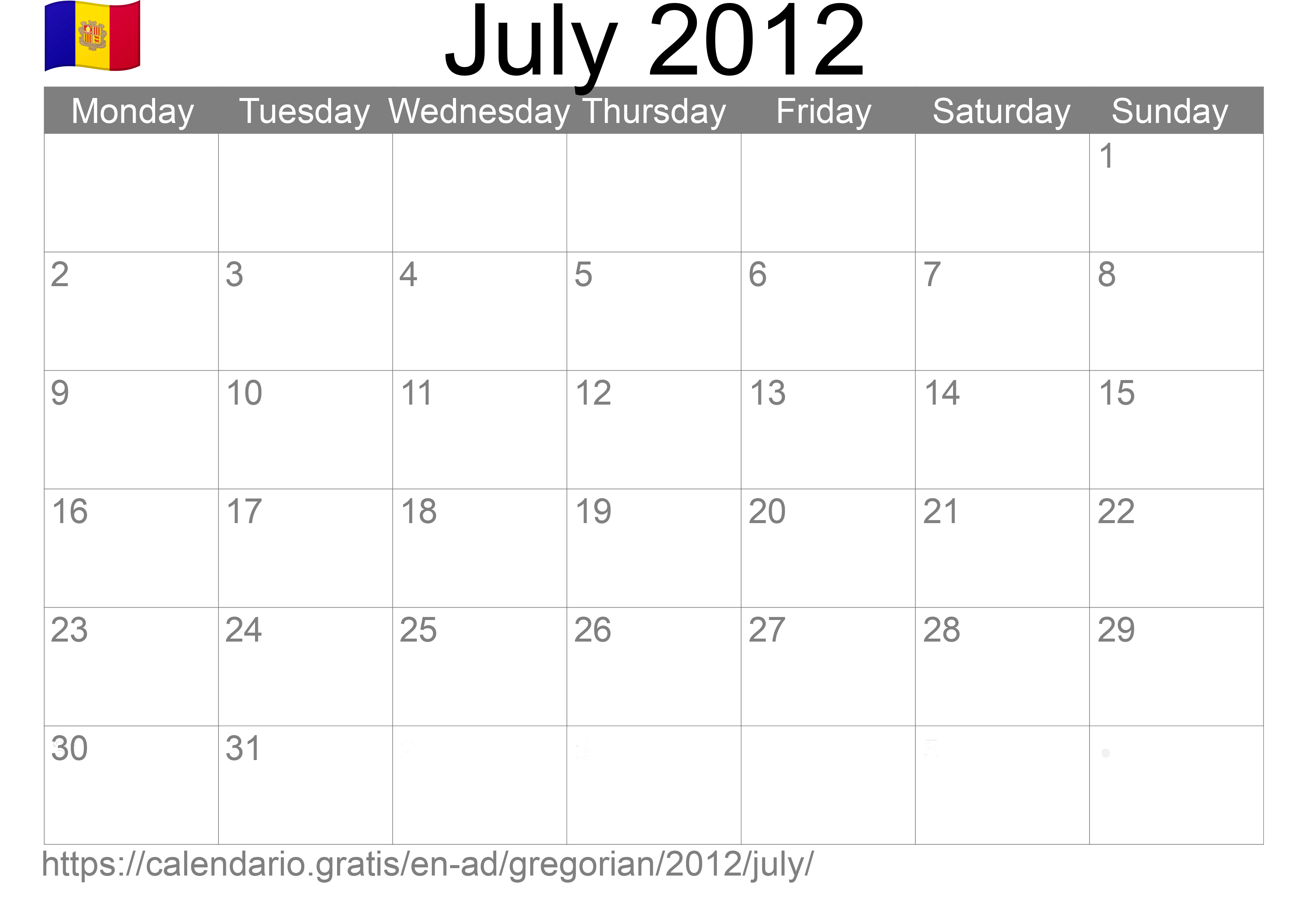 Calendar July 2012 to print