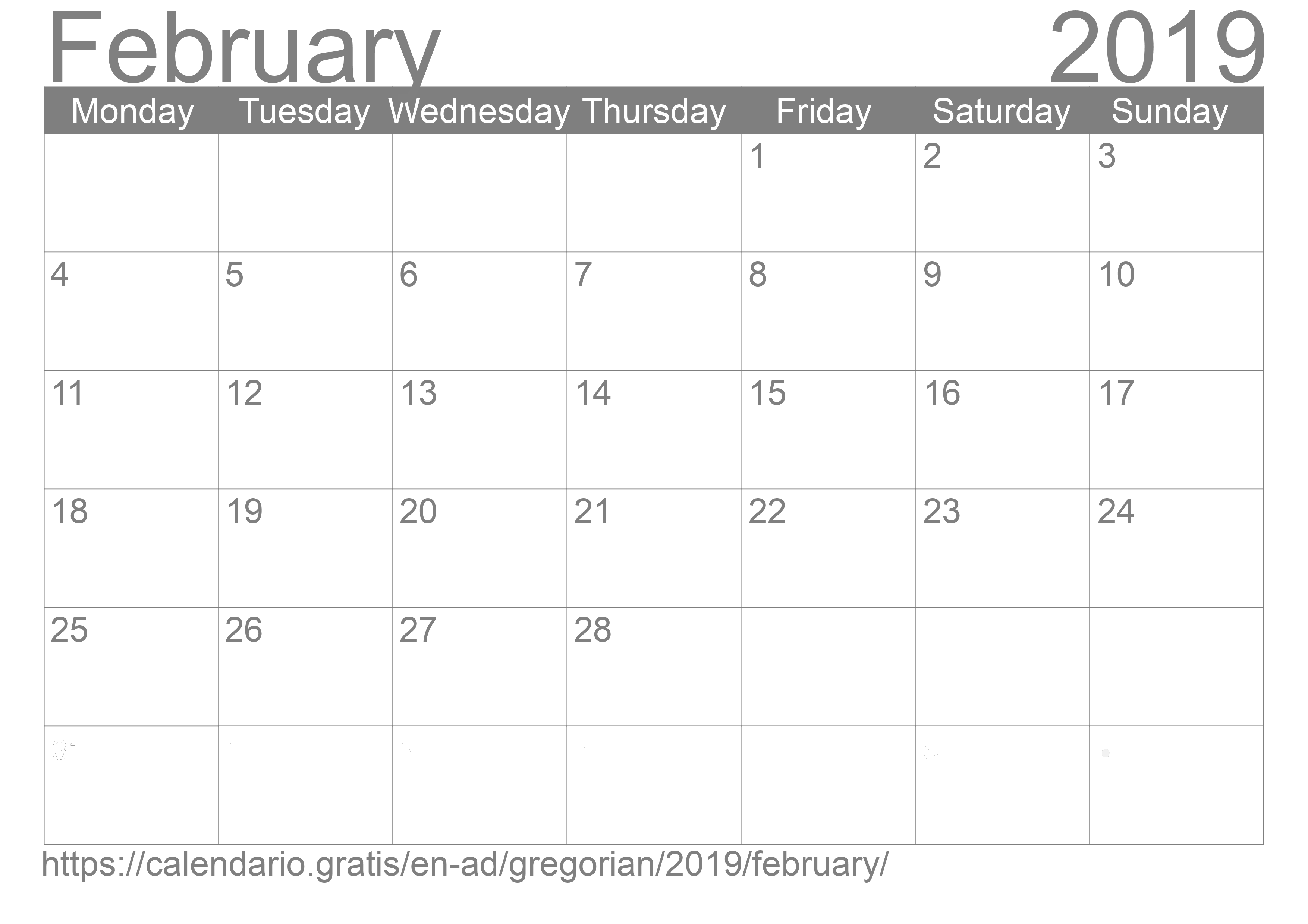 Calendar February 2019 to print