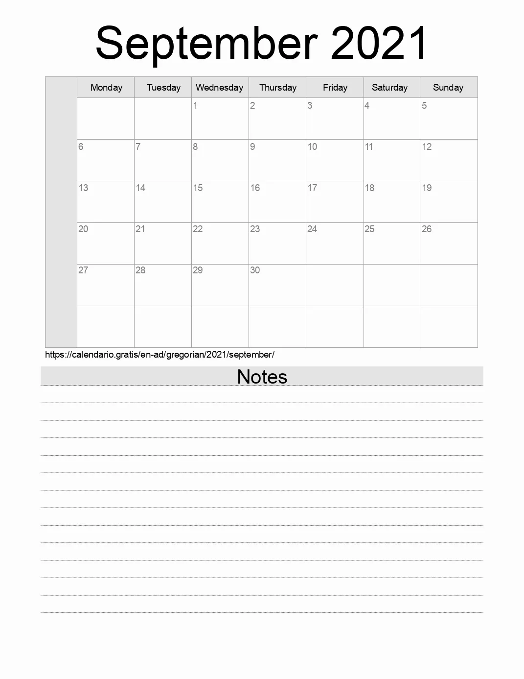 Calendar for printing with notes for 2021 September . (Andorra)