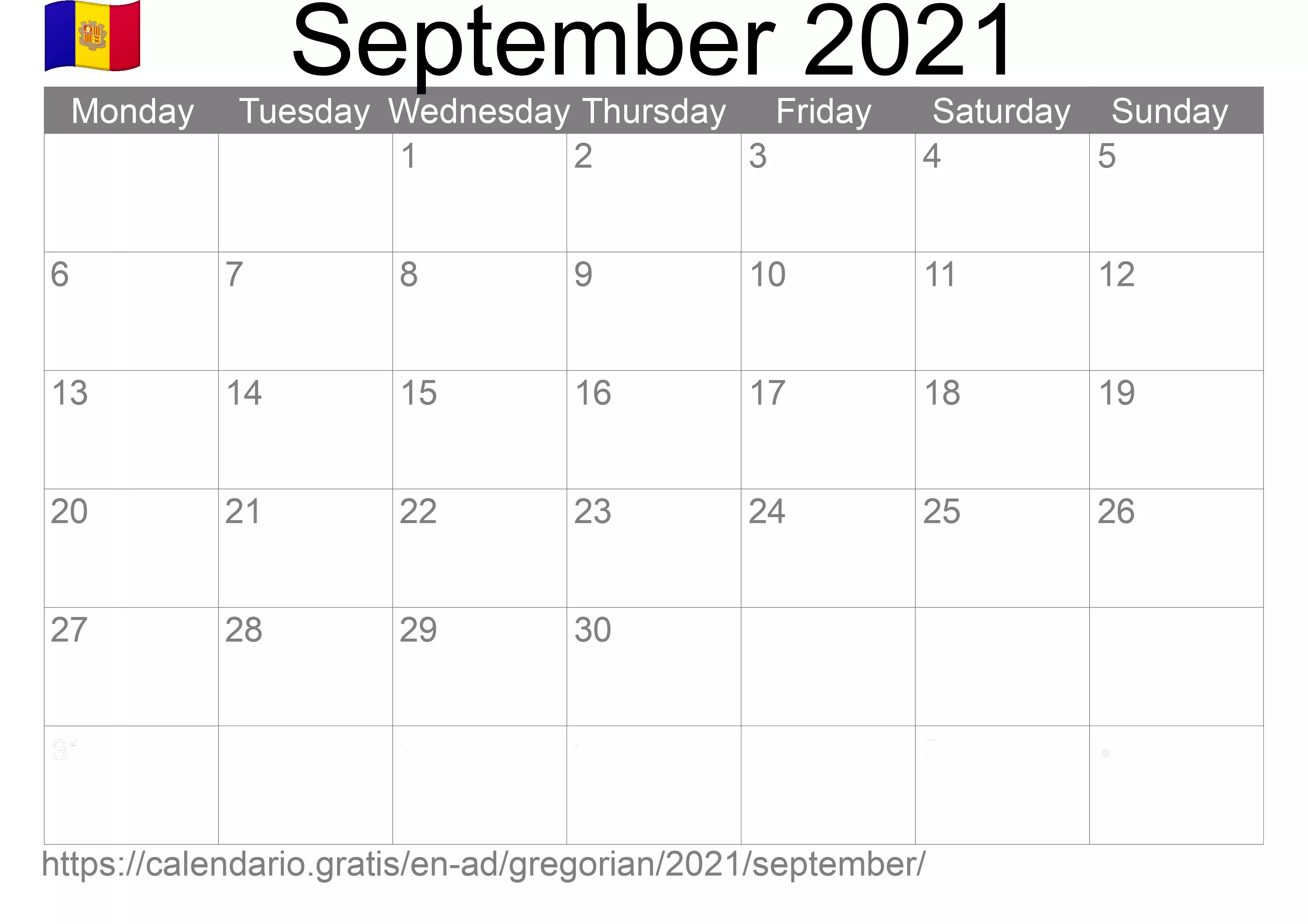 Calendar September 2021 to print (Andorra)