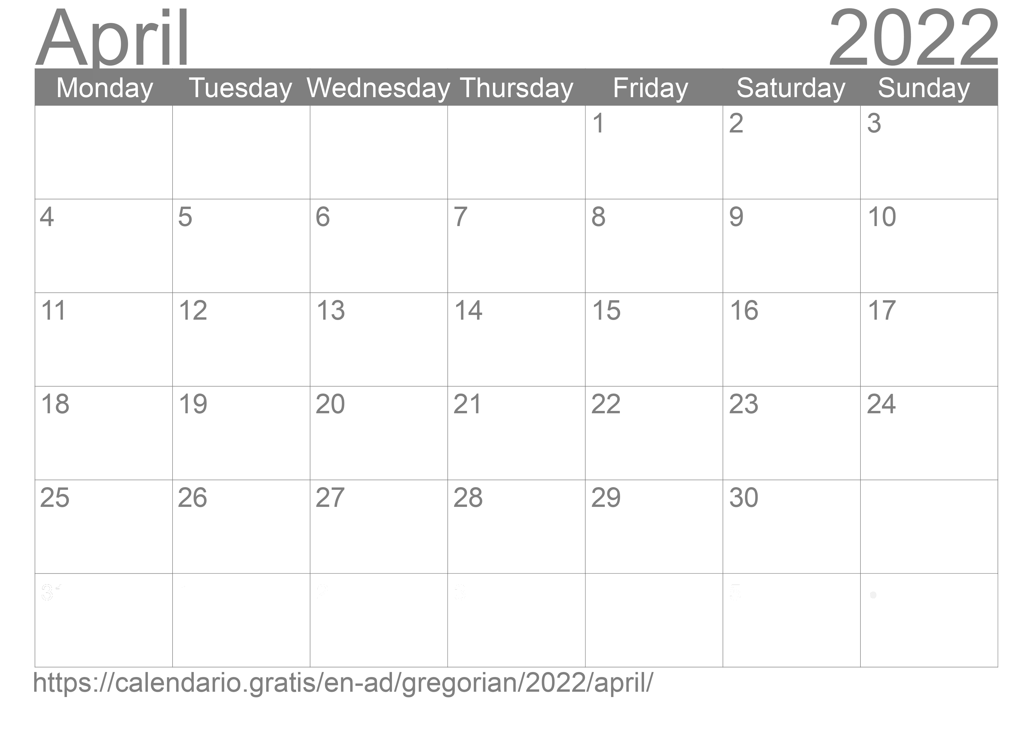 Calendar April 2022 to print