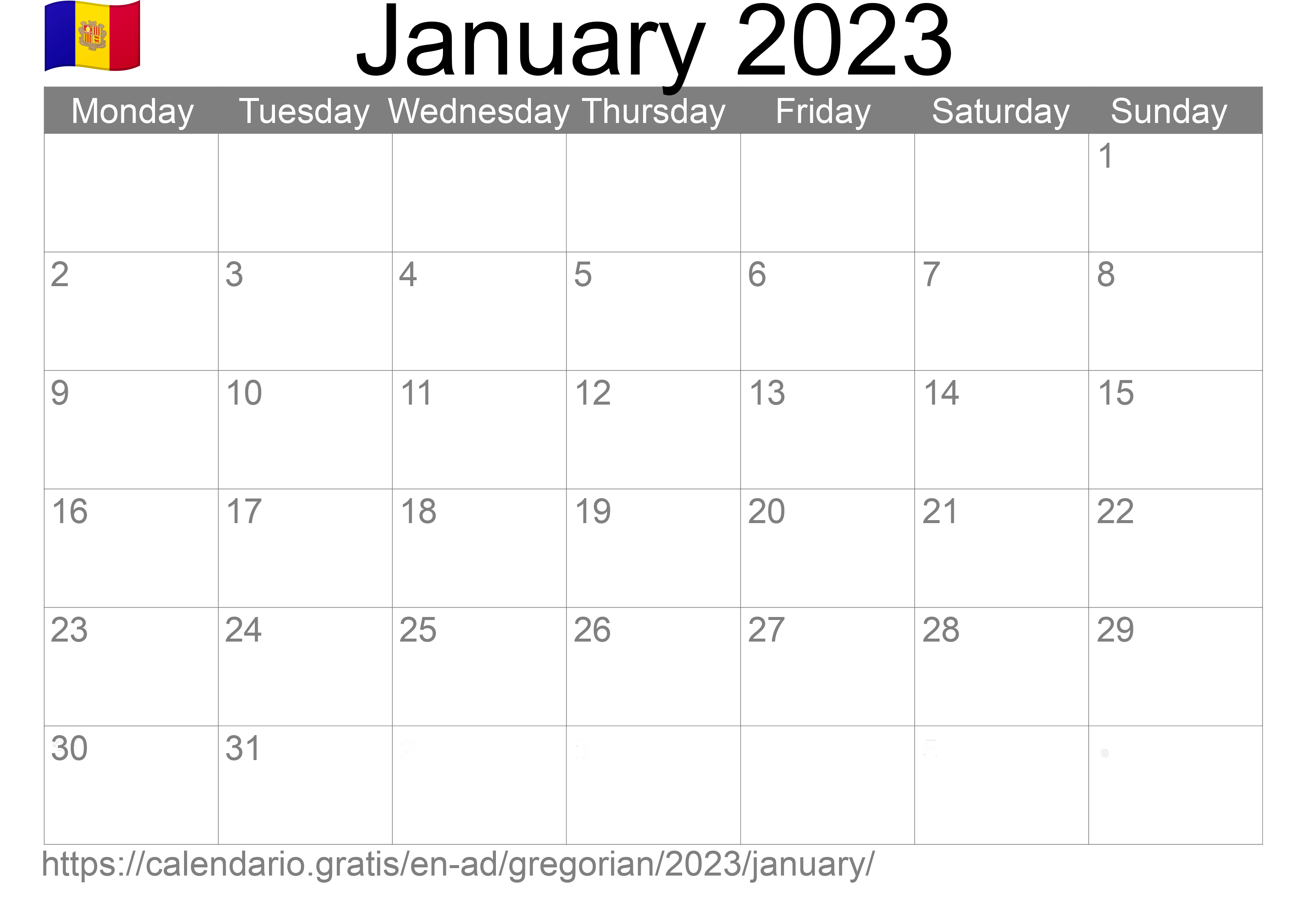 Calendar January 2023 to print