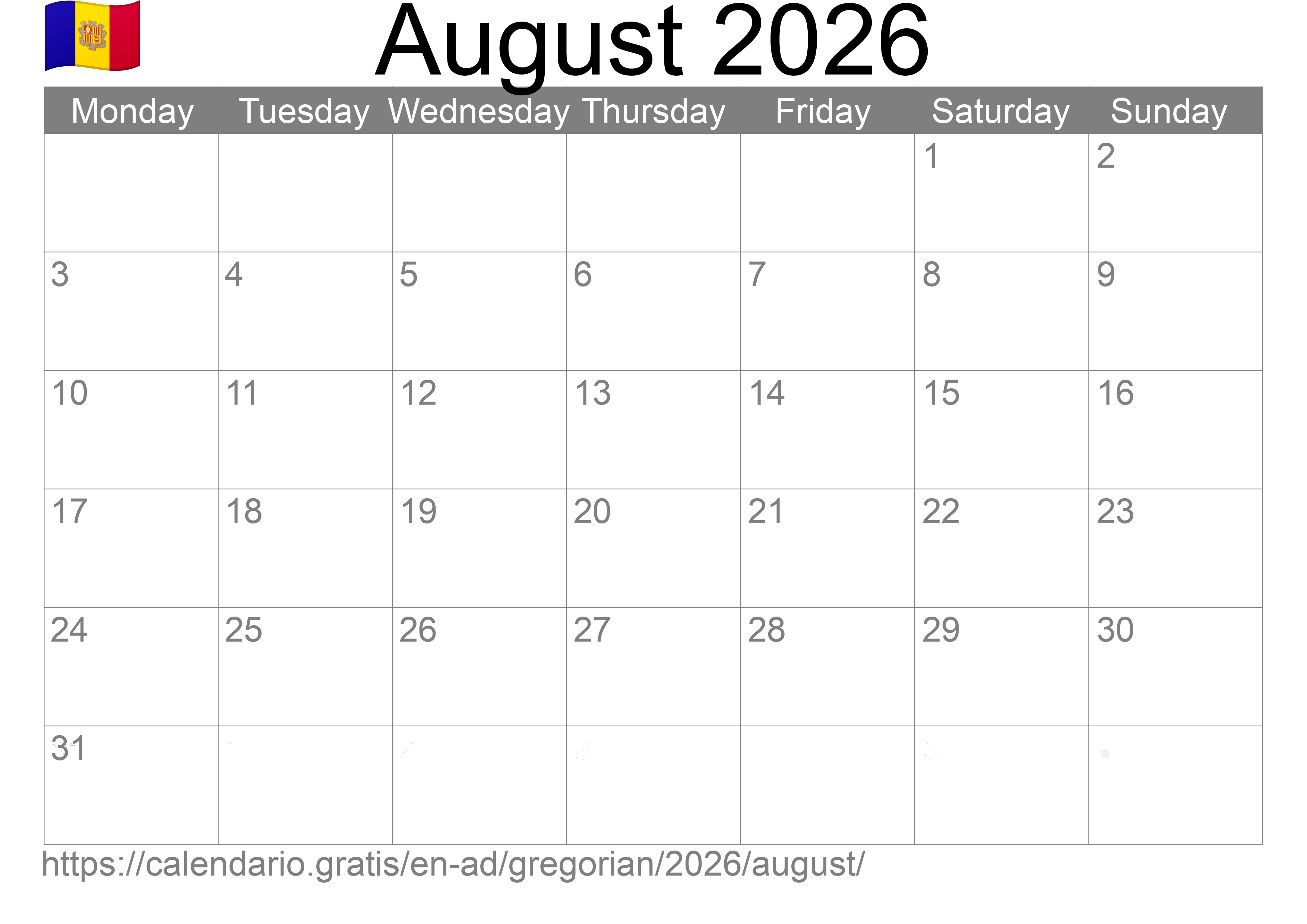 Calendar August 2026 to print