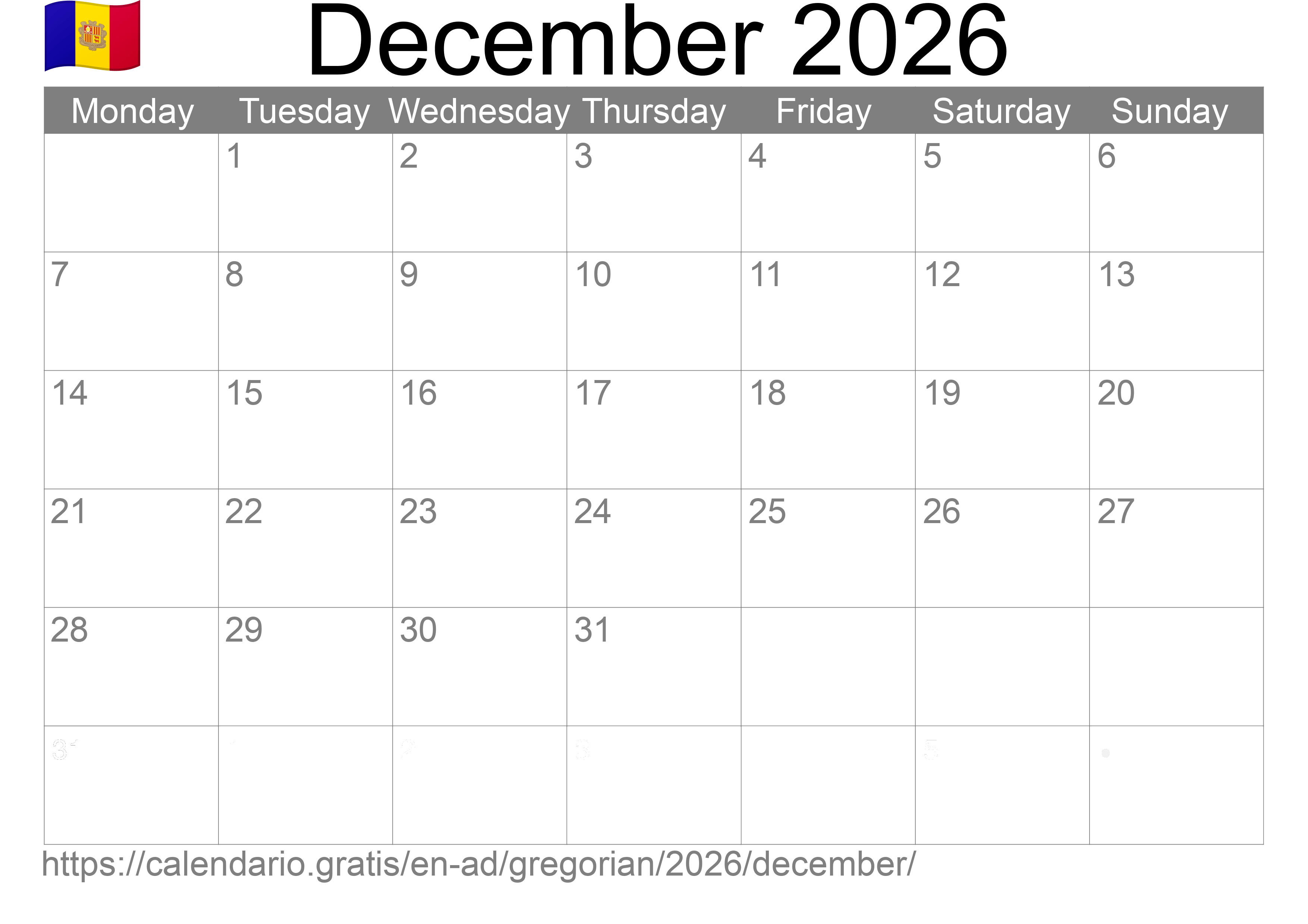 Calendar December 2026 to print