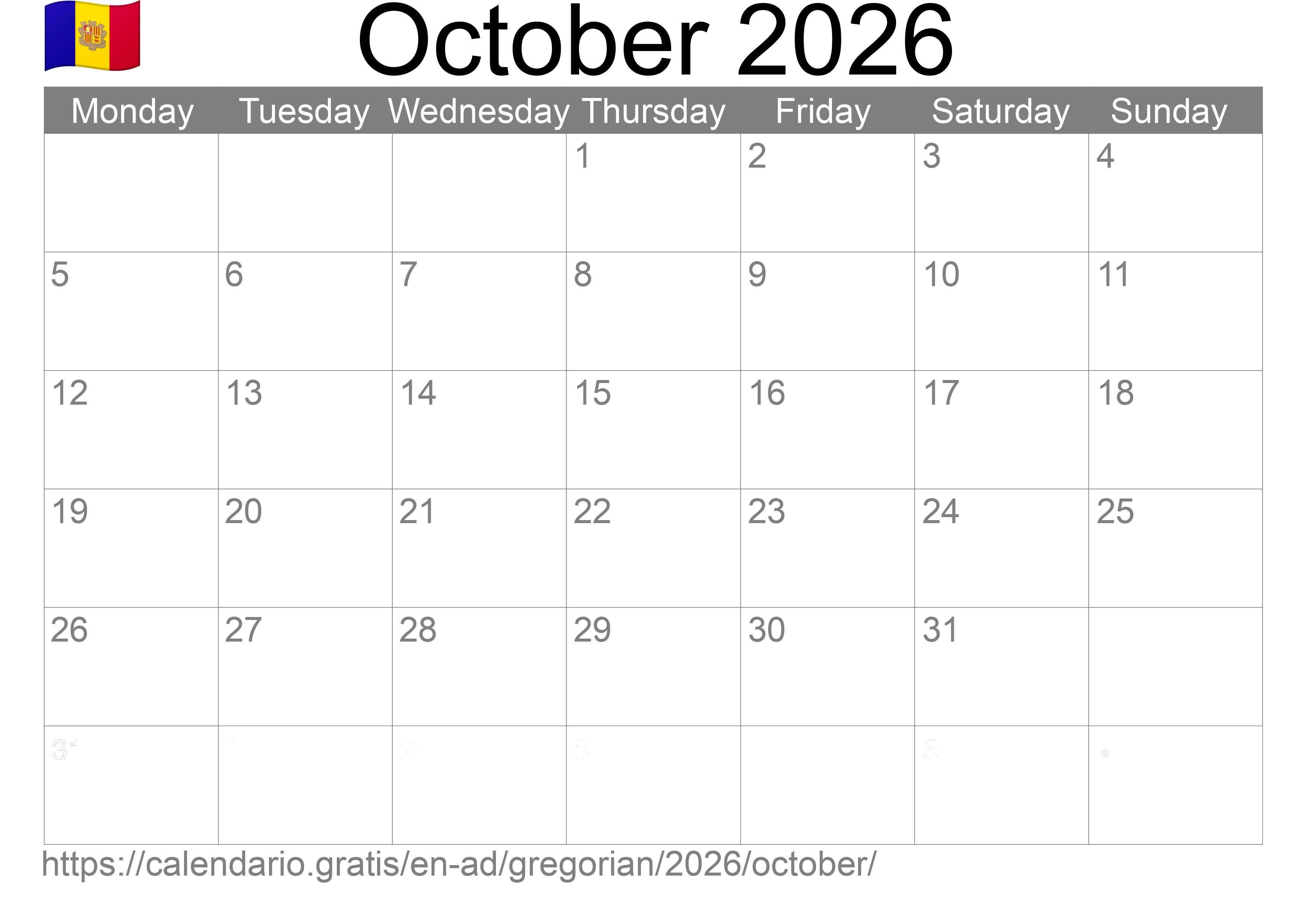 Calendar October 2026 to print