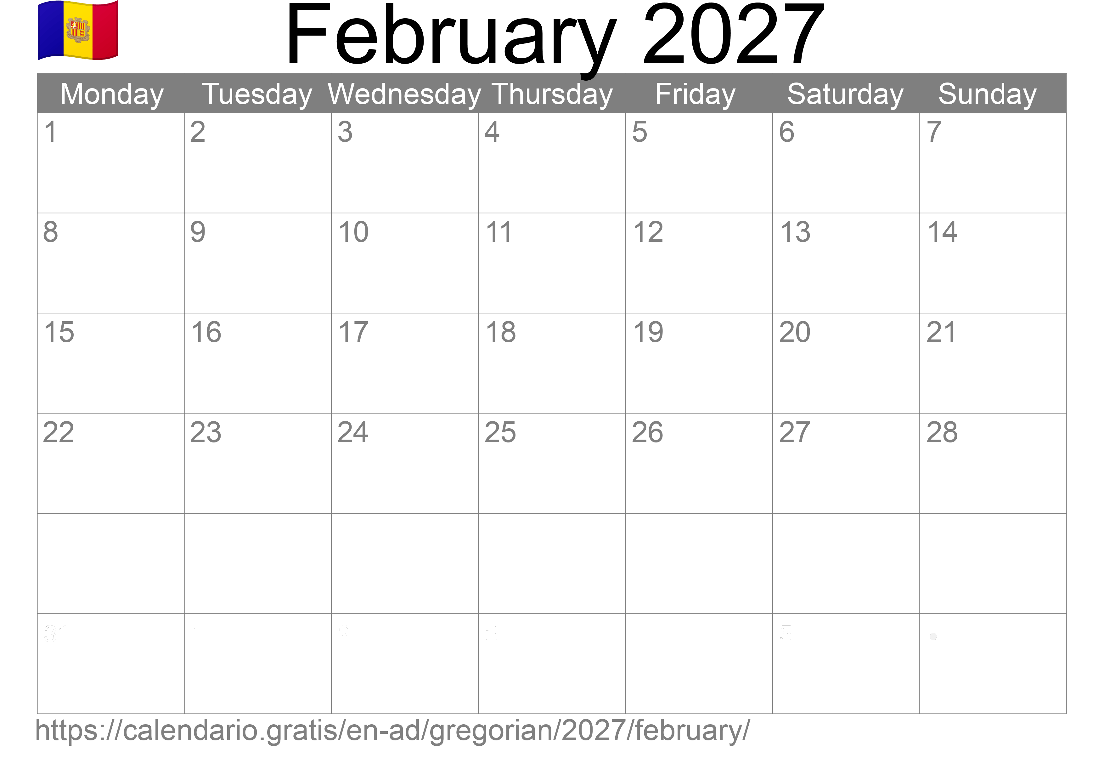 Calendar February 2027 to print