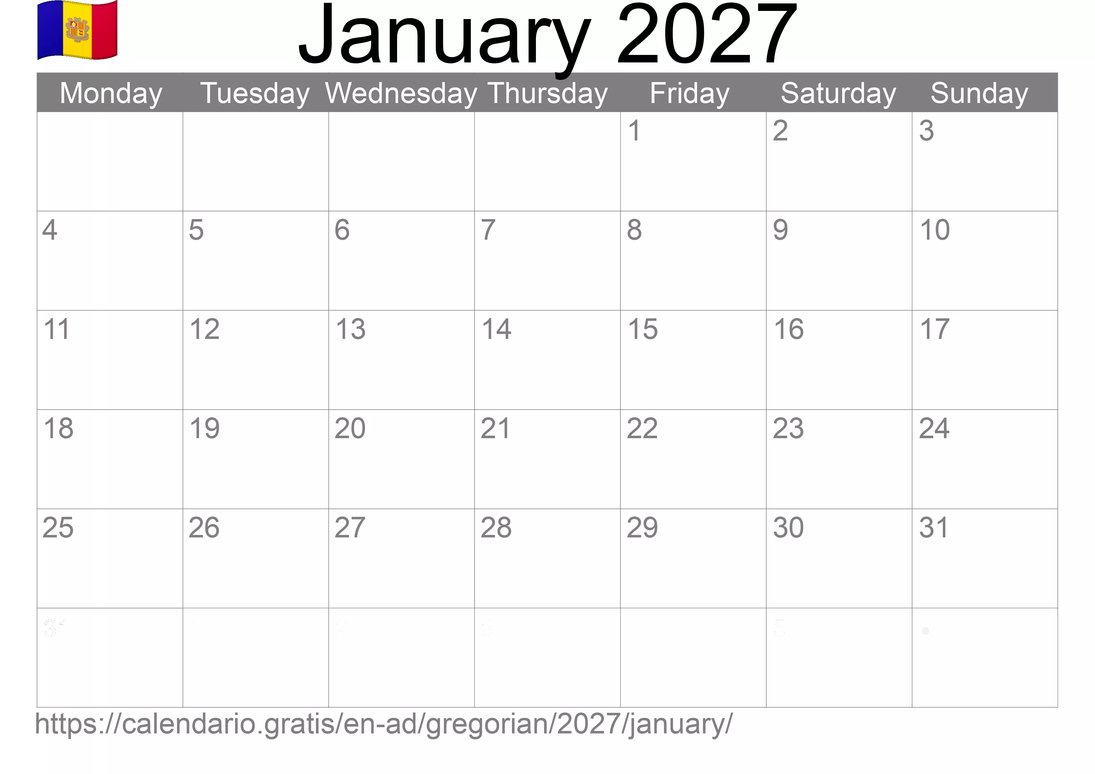 Calendar January 2027 to print (Andorra)