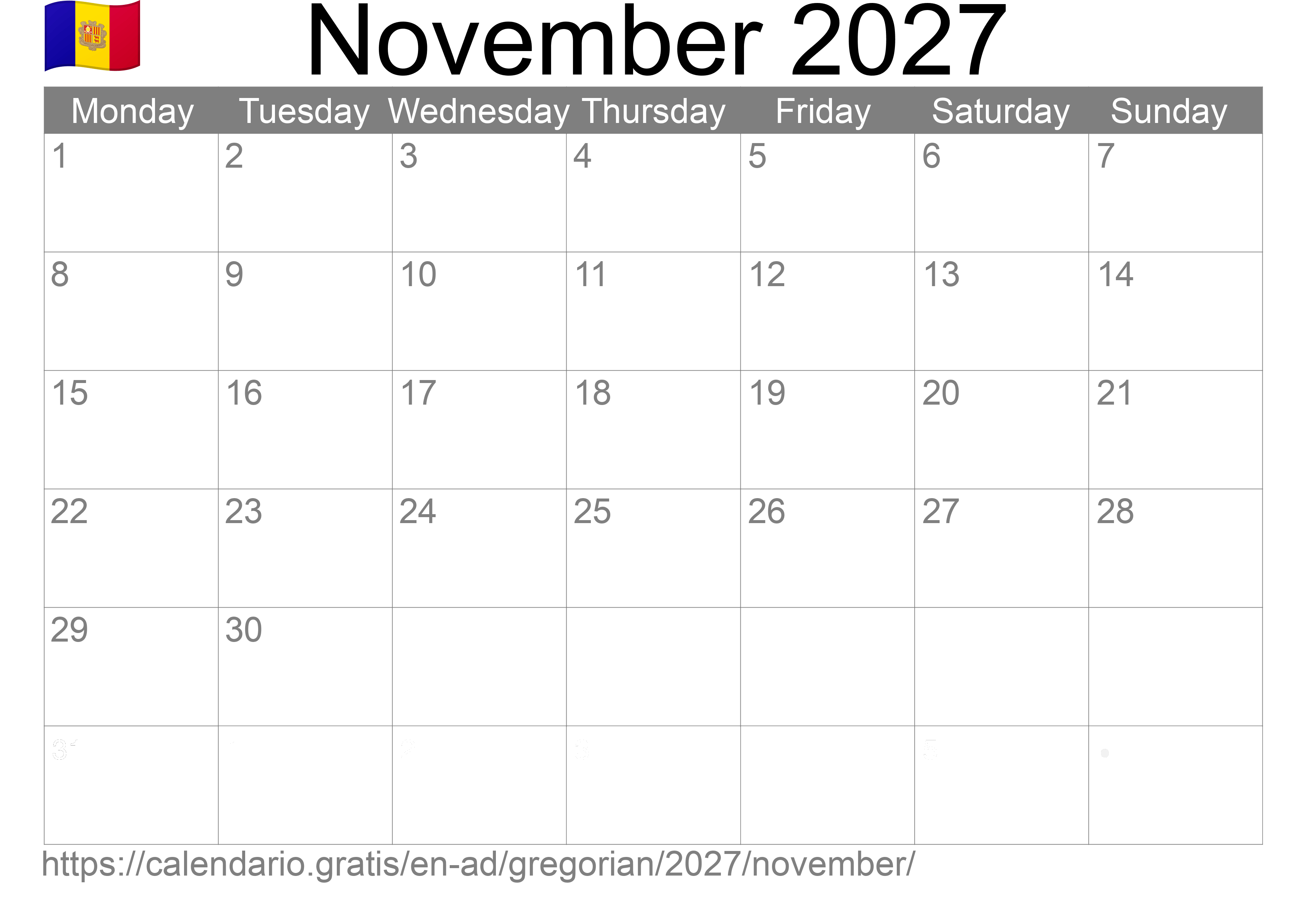 Calendar November 2027 to print