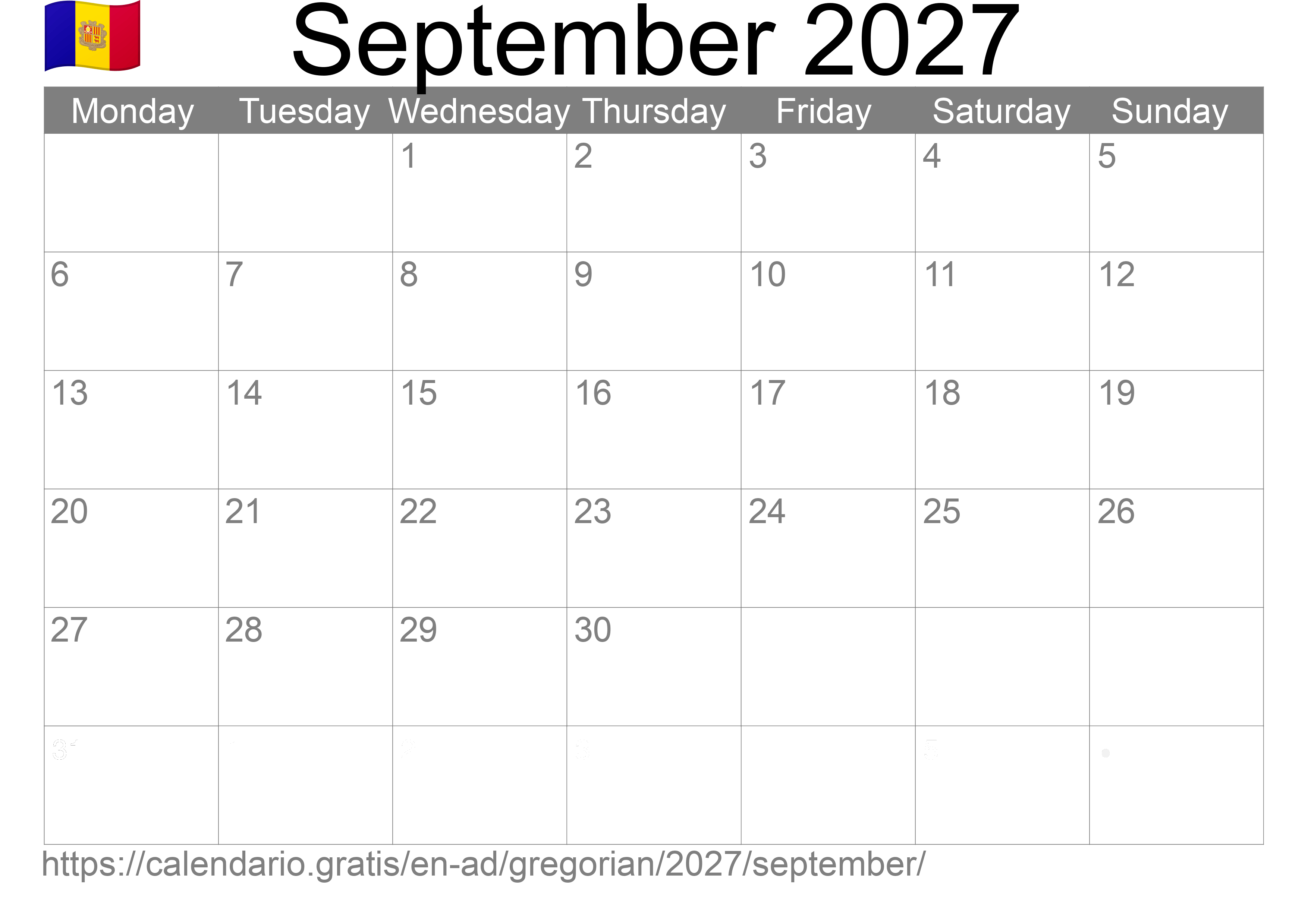 Calendar September 2027 to print