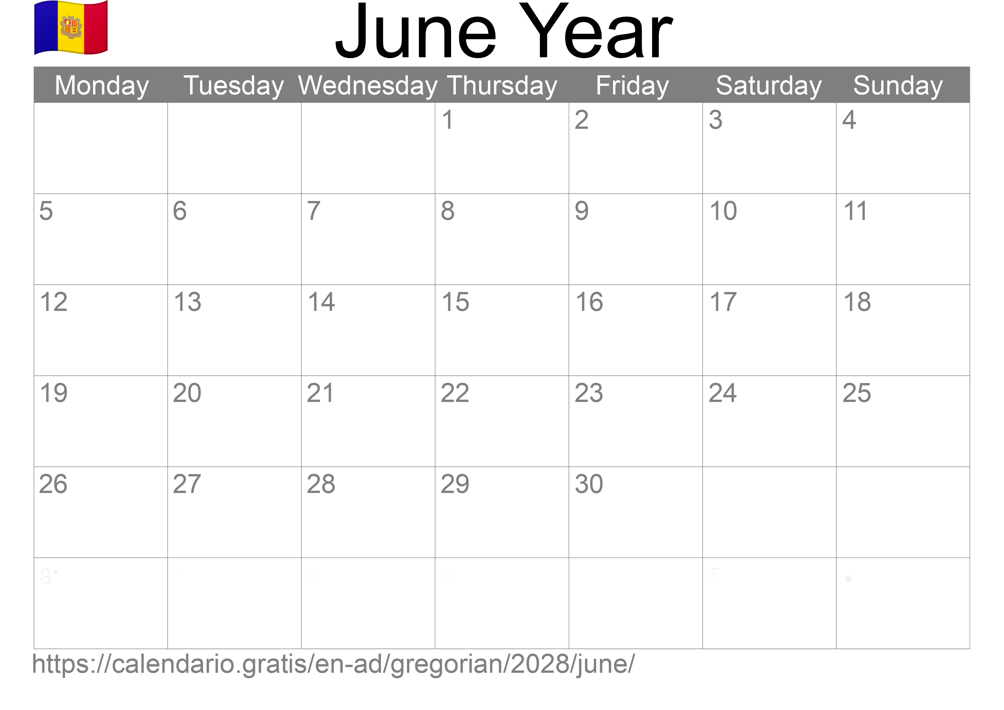 Calendar June 2028 to print