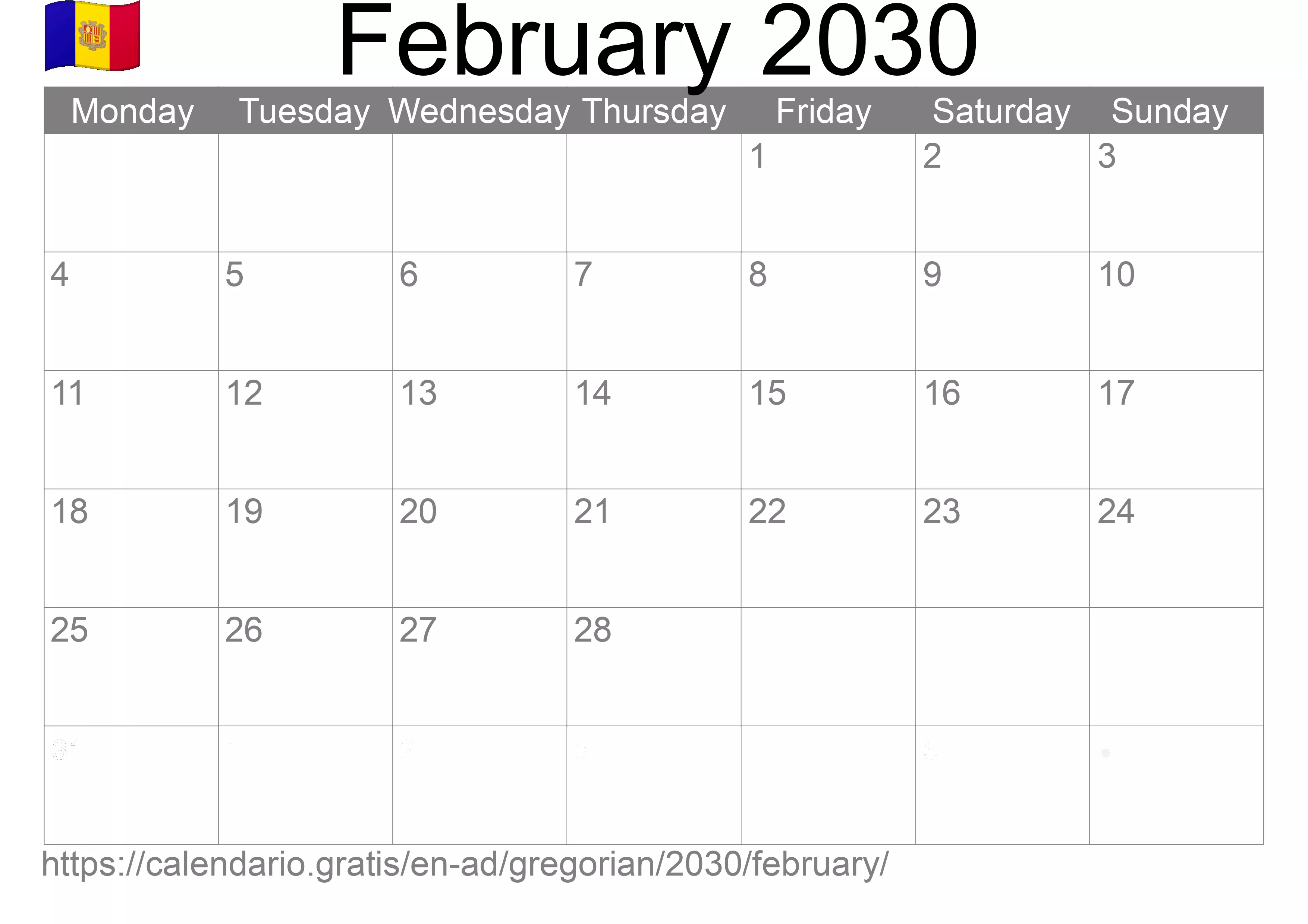 Calendar February 2030 to print (Andorra) Calendar February 2030 to print (Andorra)