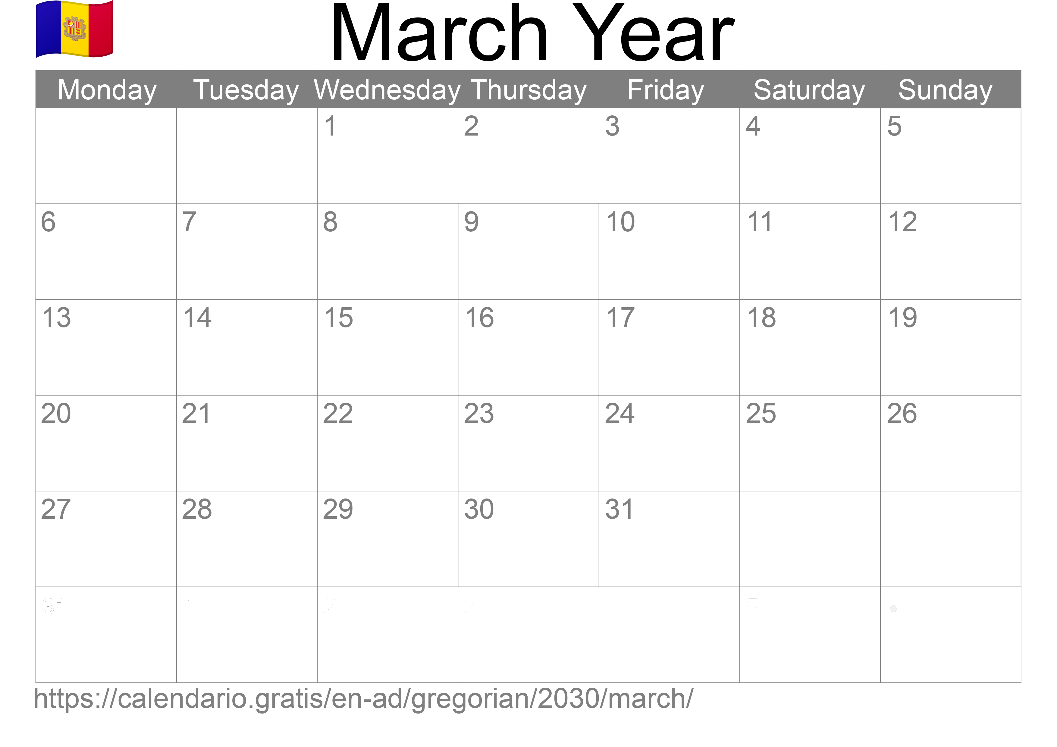 Calendar March 2030 to print