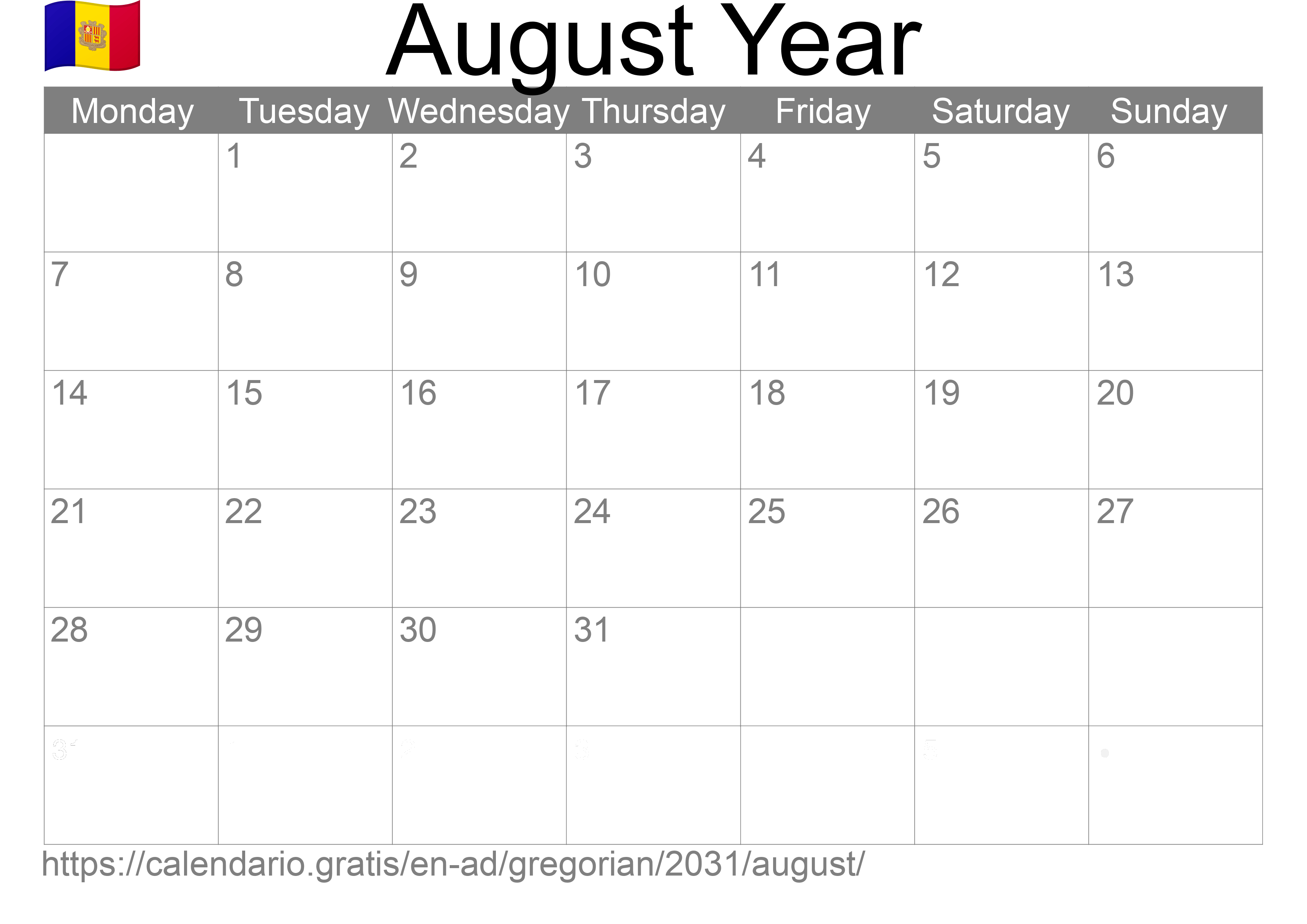 Calendar August 2031 to print