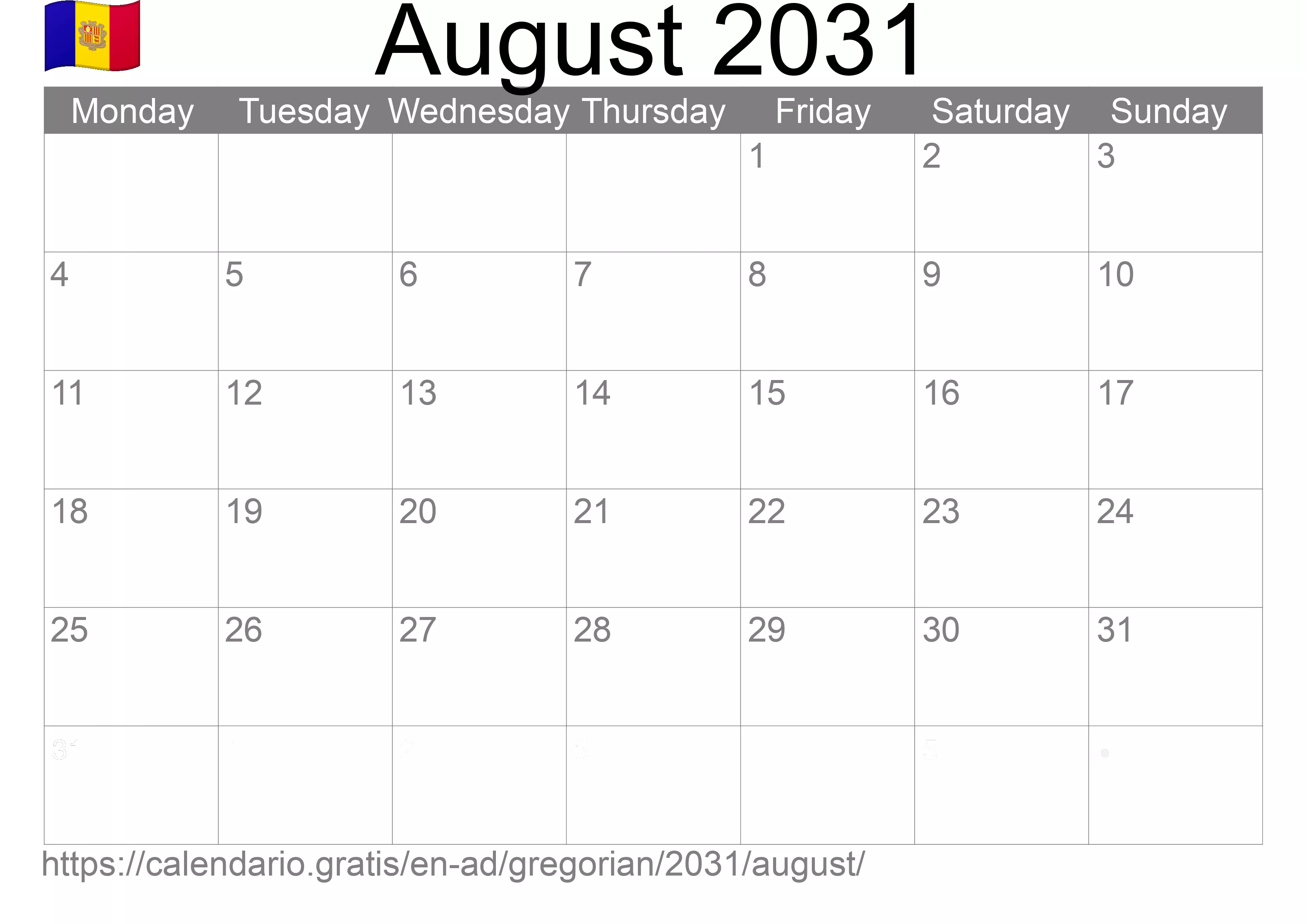 Calendar August 2031 to print (Andorra) Calendar August 2031 to print (Andorra)