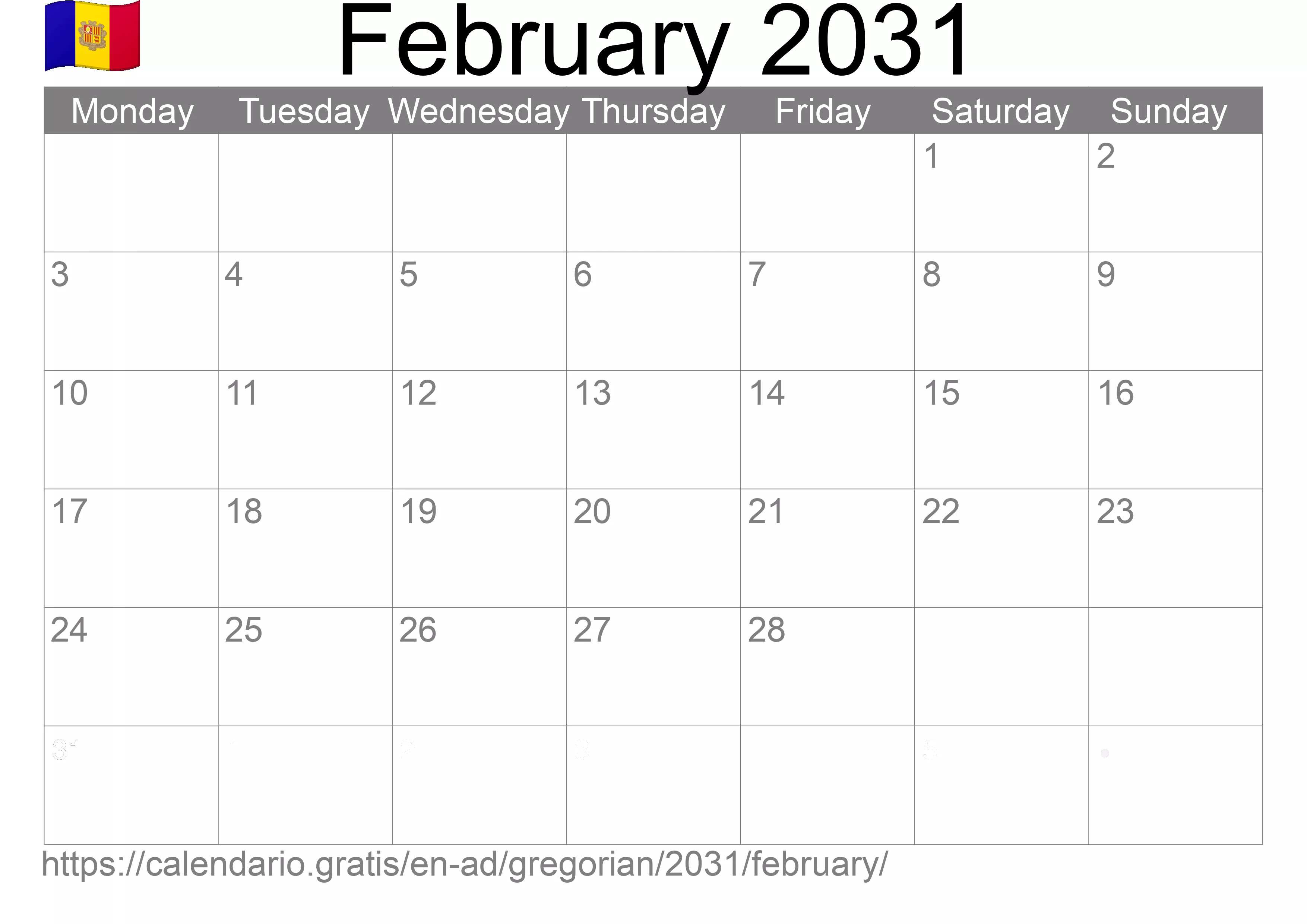 Calendar February 2031 to print (Andorra)