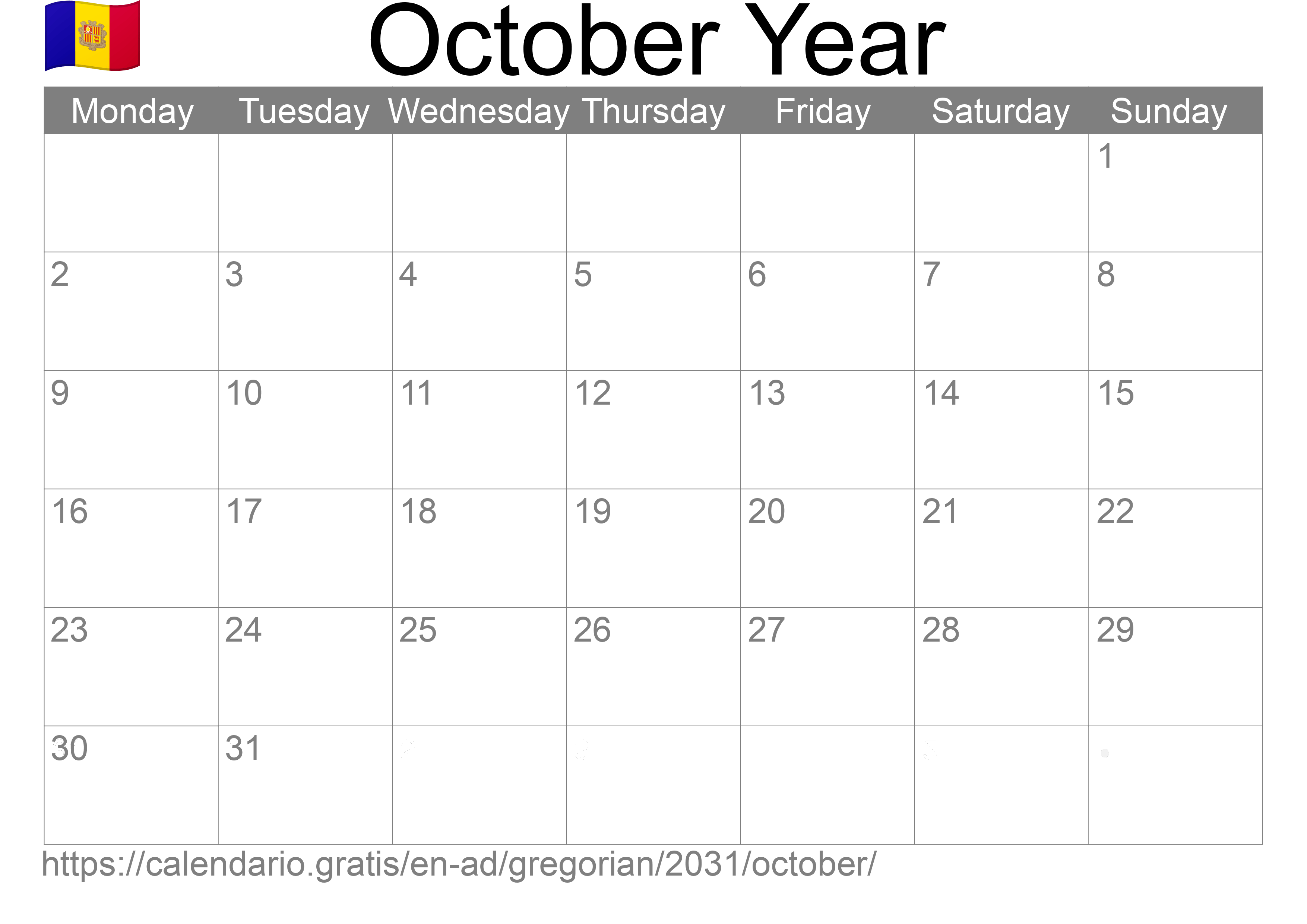 Calendar October 2031 to print