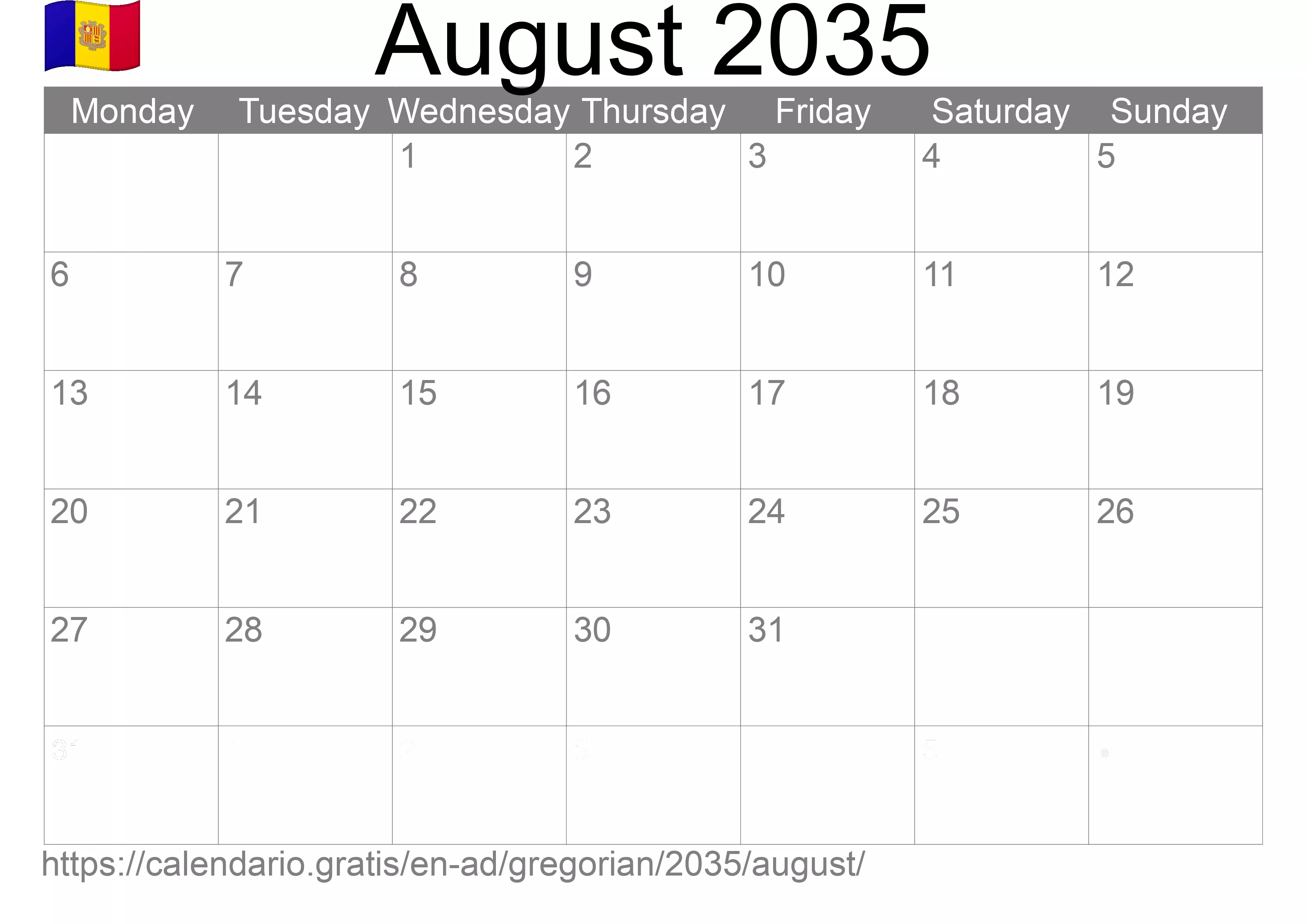 Calendar August 2035 to print (Andorra) Calendar August 2035 to print (Andorra)