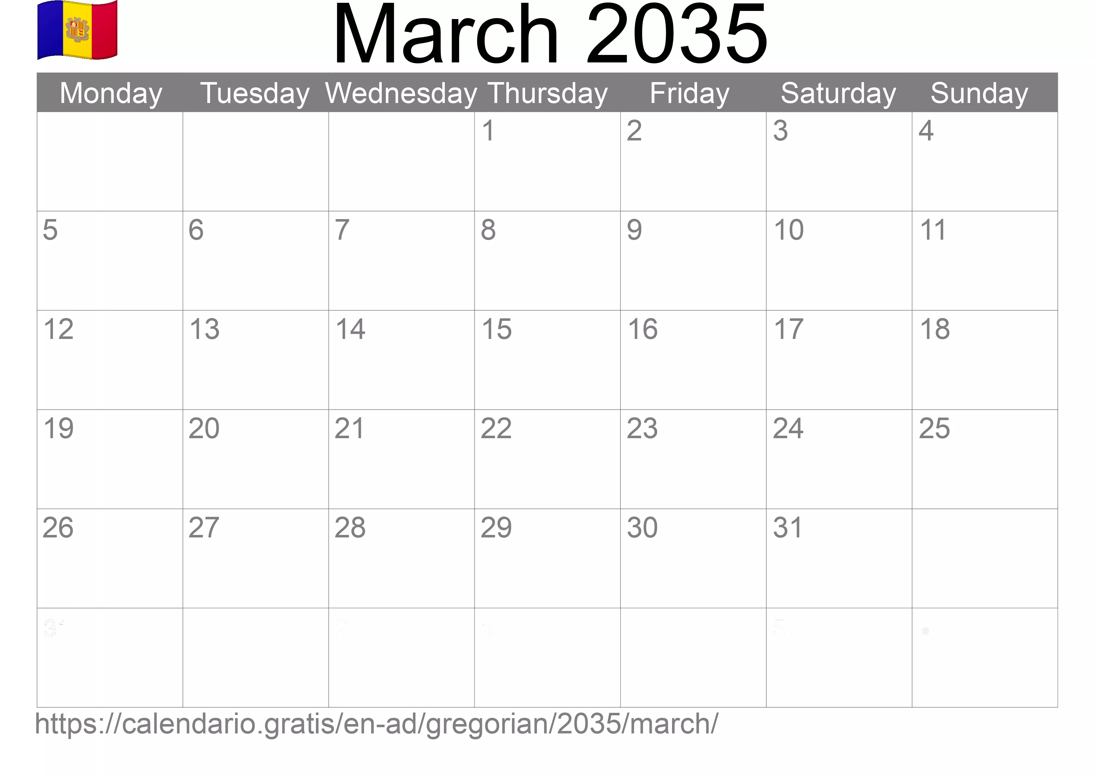 Calendar March 2035 to print (Andorra)