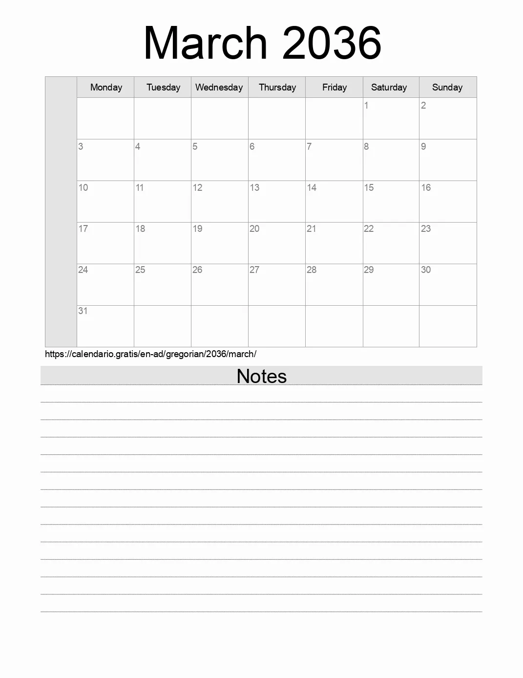 Calendar for printing with notes for 2036 March . (Andorra) Calendar for printing with notes for 2036 March . (Andorra)