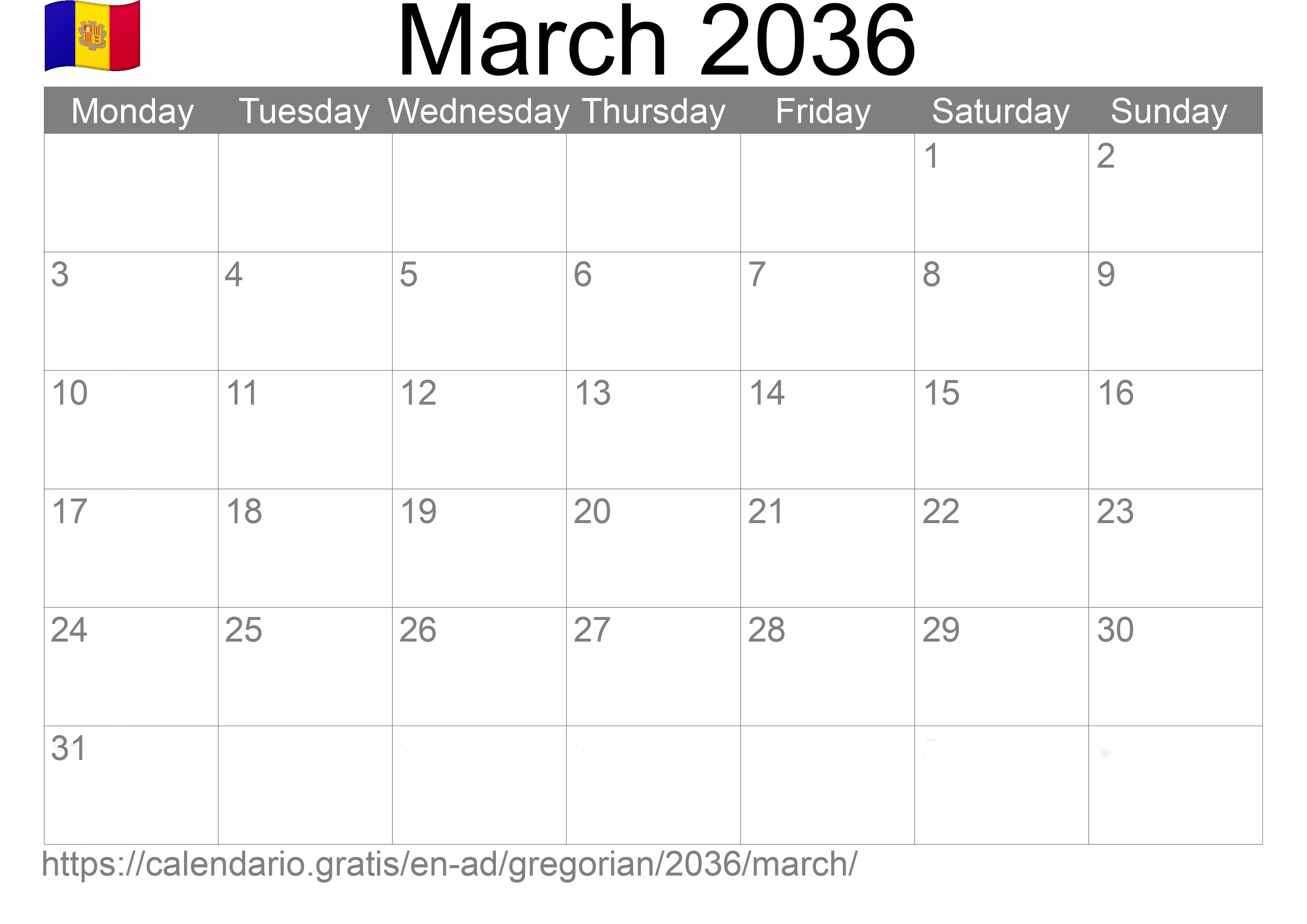 Calendar March 2036 to print (Andorra) Calendar March 2036 to print (Andorra)