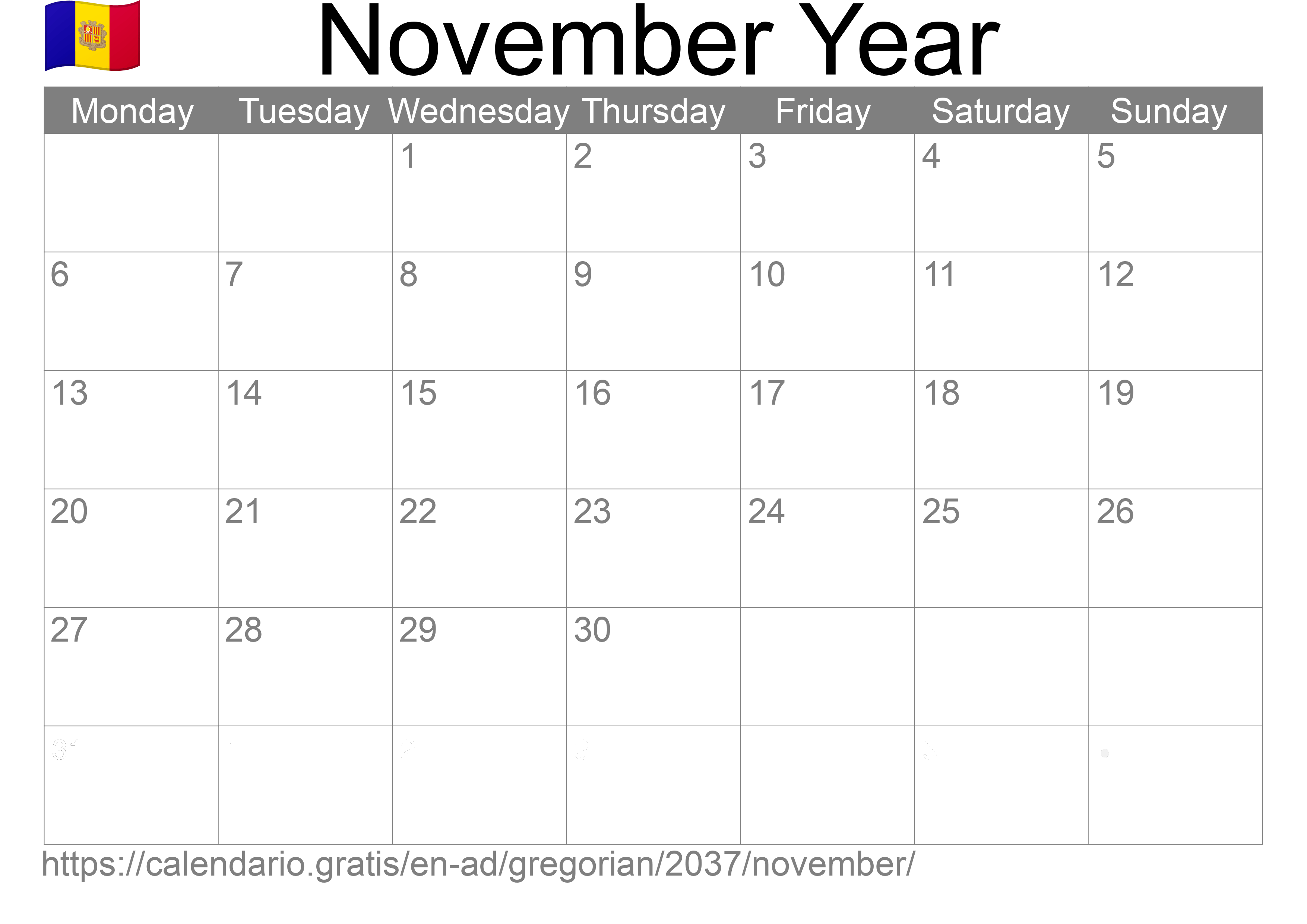 Calendar November 2037 to print