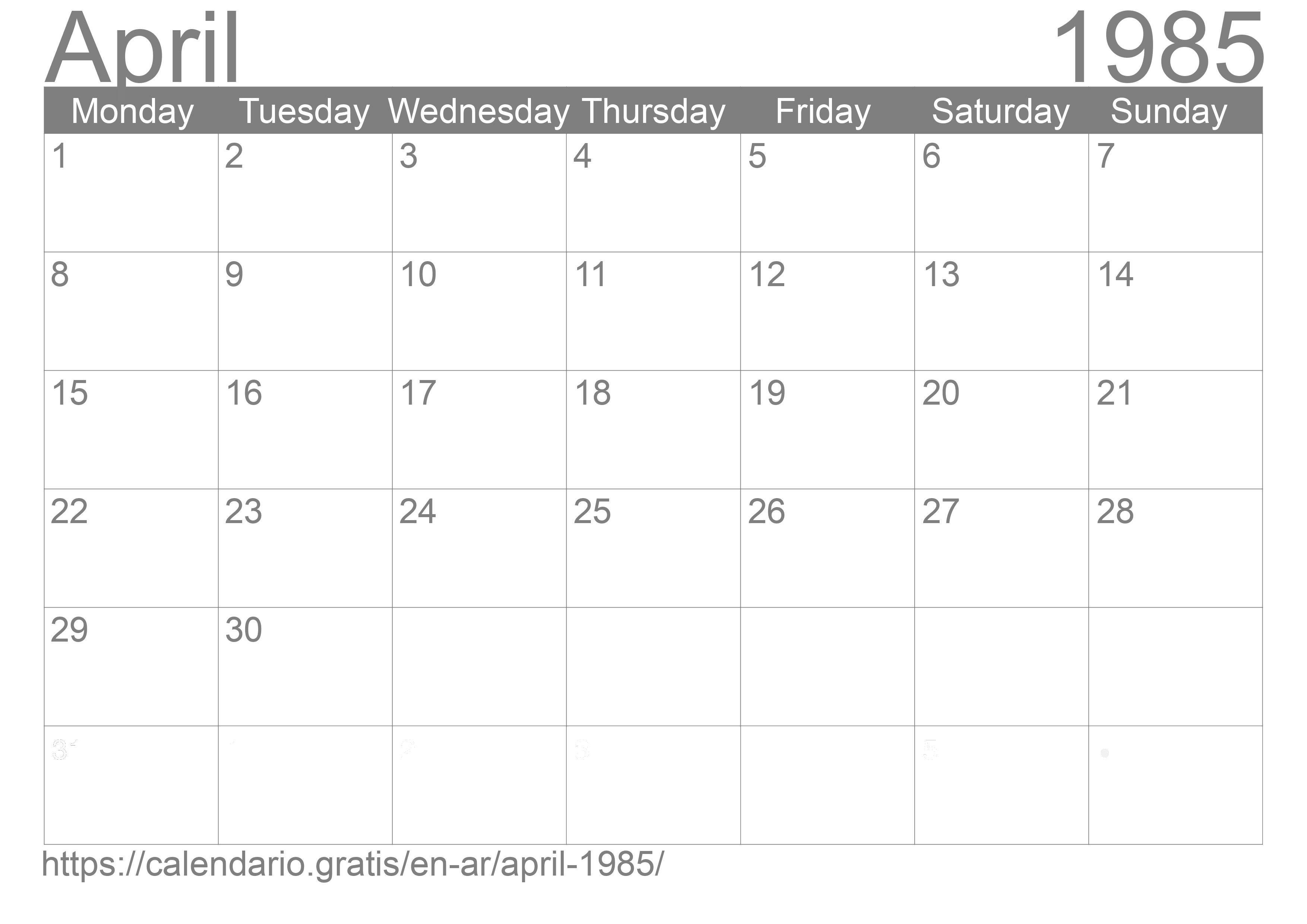 Calendar April 1985 from Argentina in English ☑️ Calendario Gratis