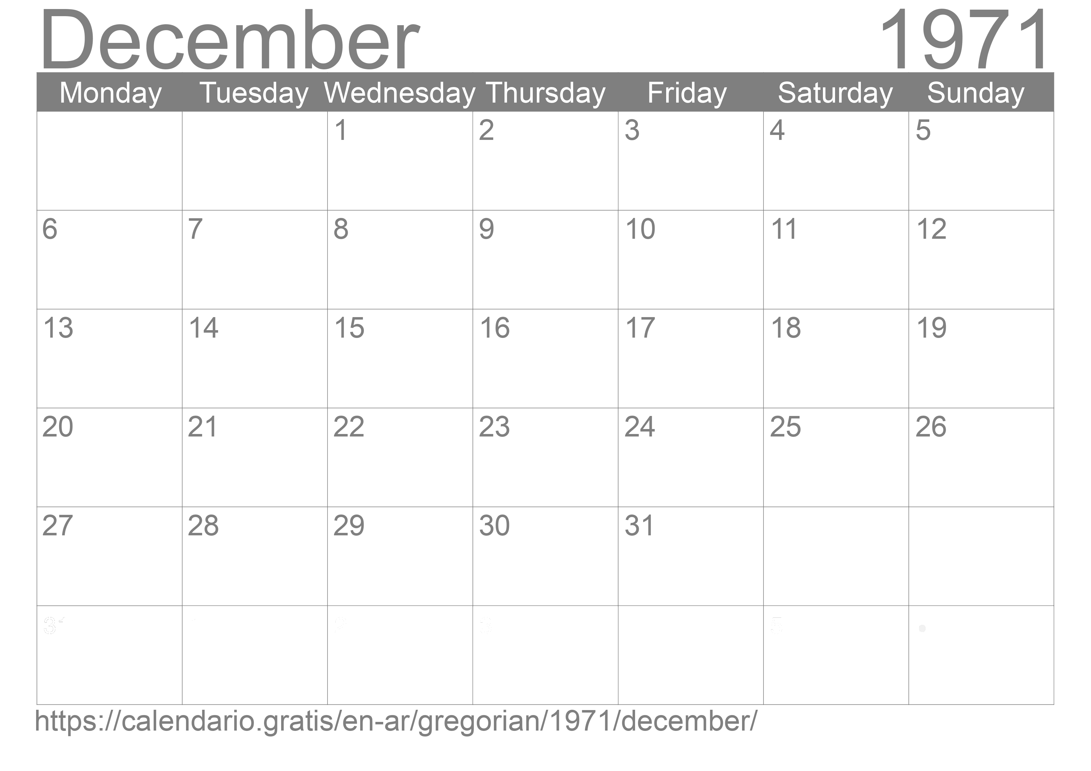 Calendar December 1971 to print