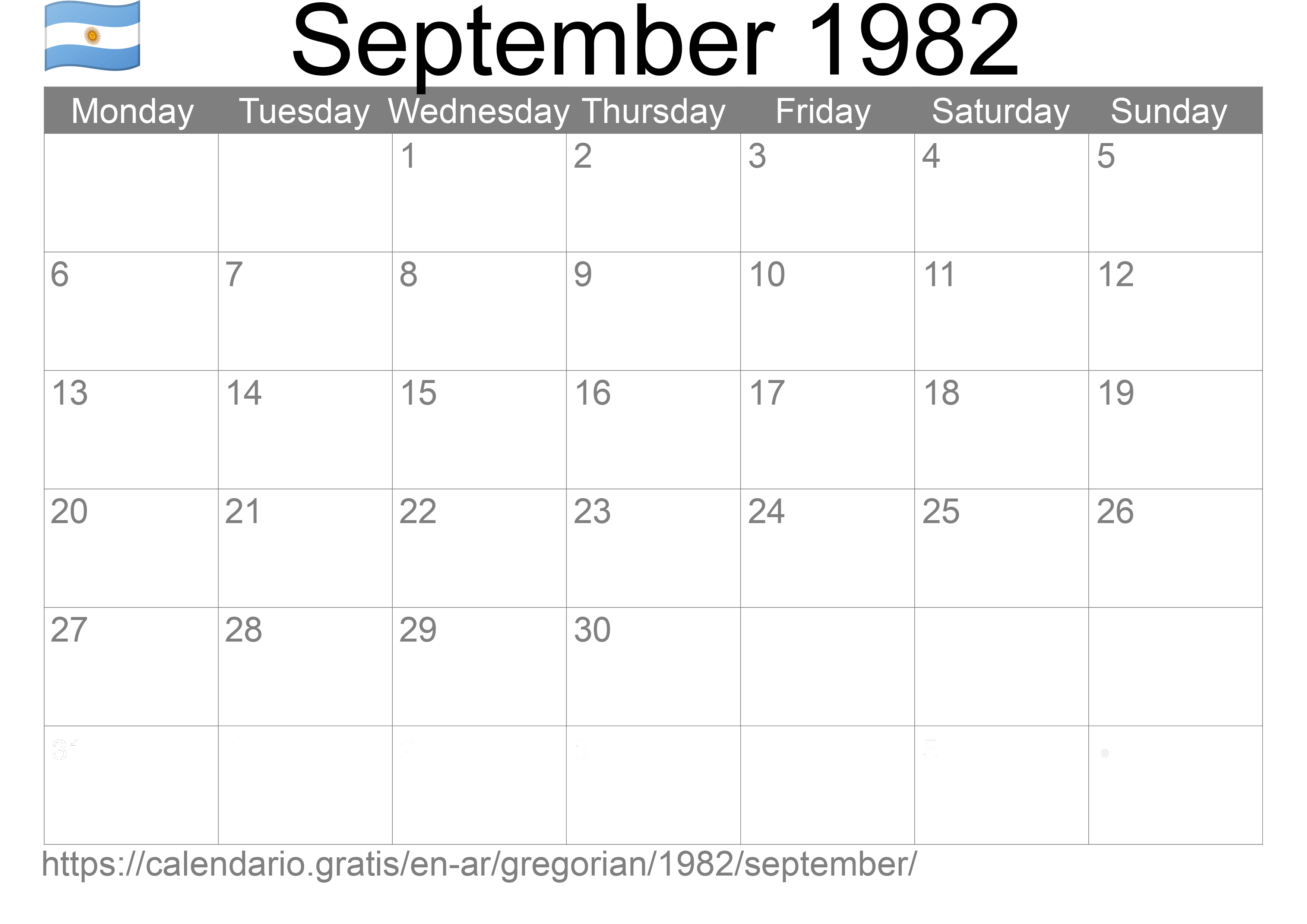 Calendar September 1982 to print