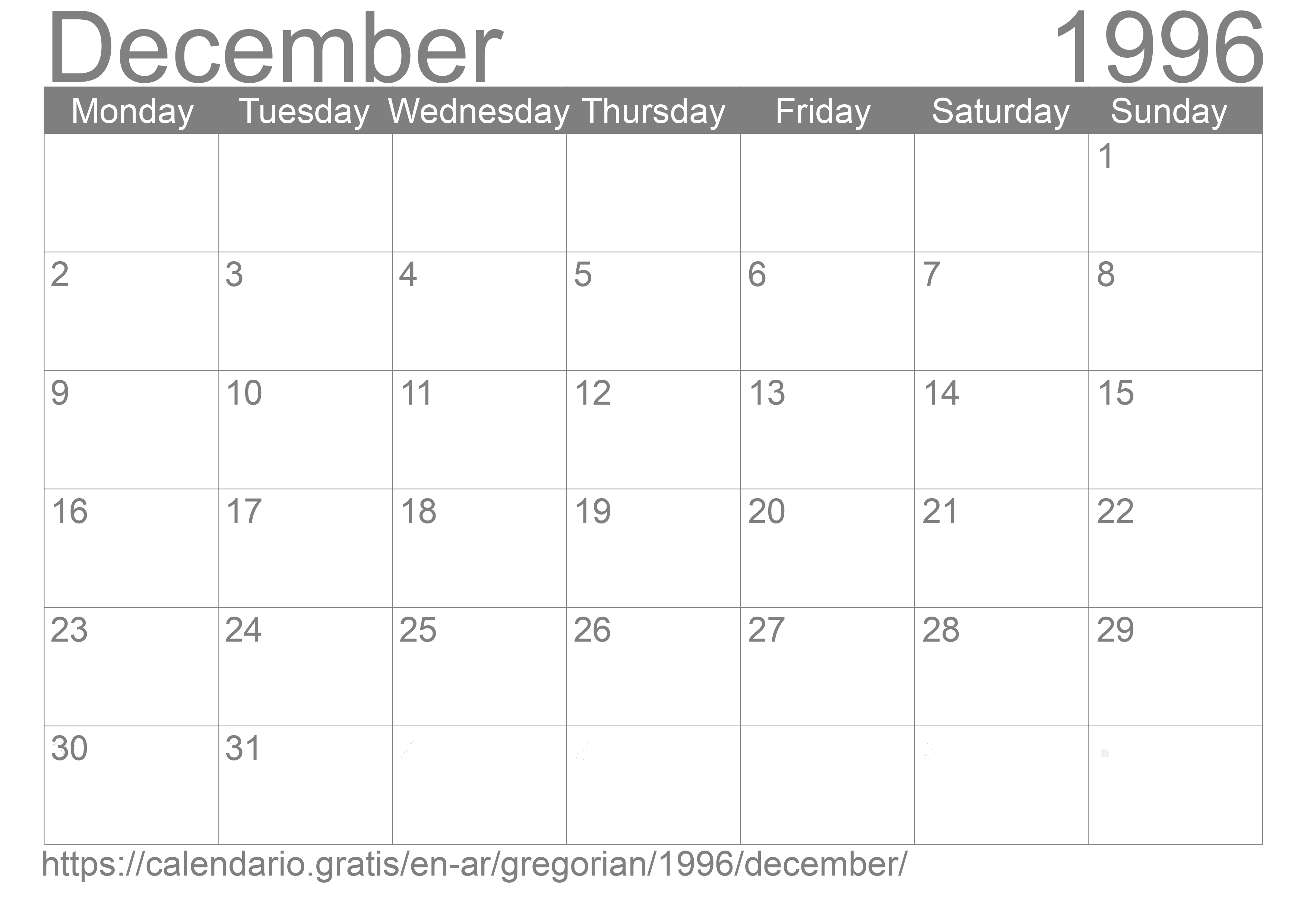 Calendar December 1996 to print
