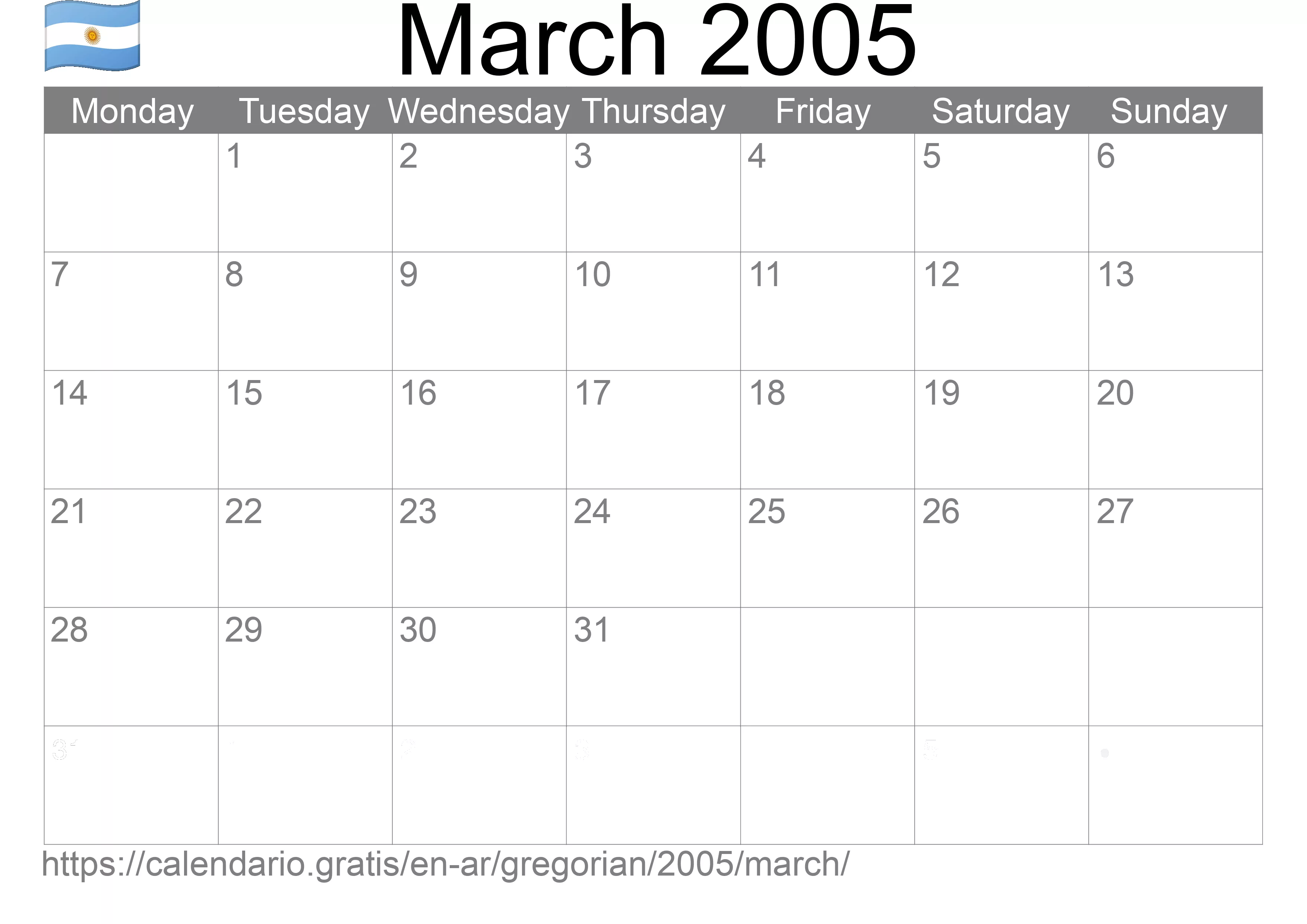 Calendar March 2005 to print (Argentina)