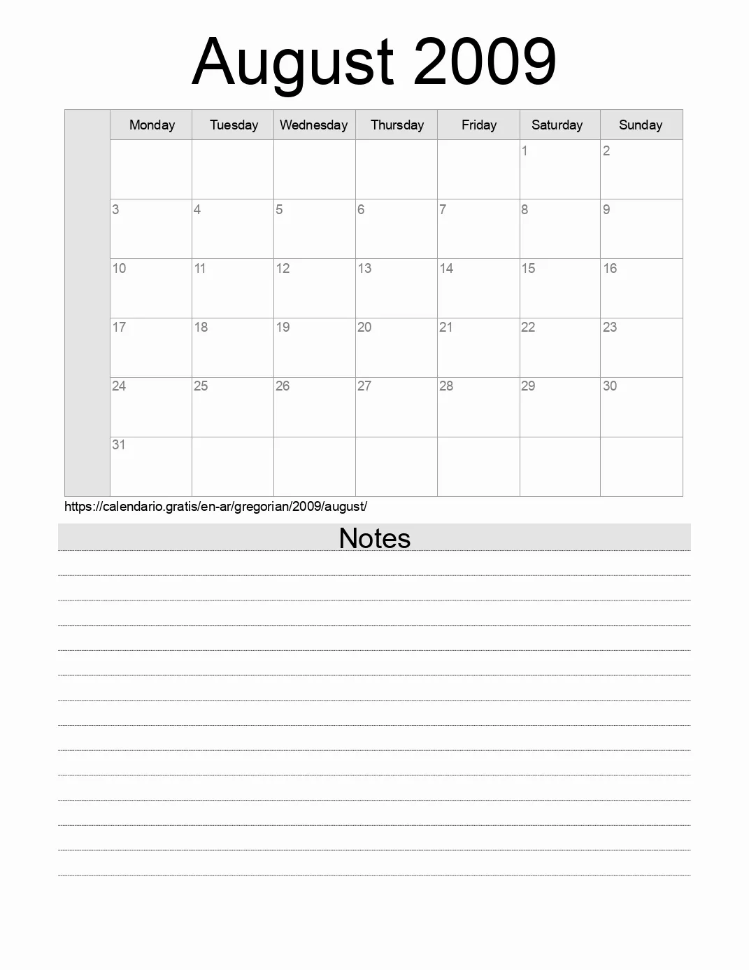 Calendar for printing with notes for 2009 August . (Argentina) Calendar for printing with notes for 2009 August . (Argentina)