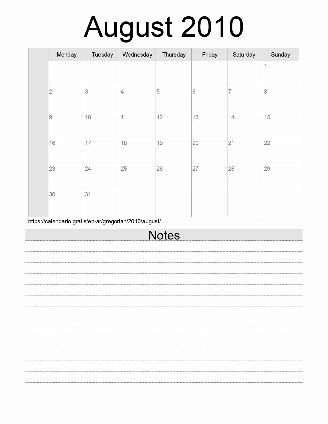 Calendar for printing with notes for 2010 August . (Argentina) Calendar for printing with notes for 2010 August . (Argentina)