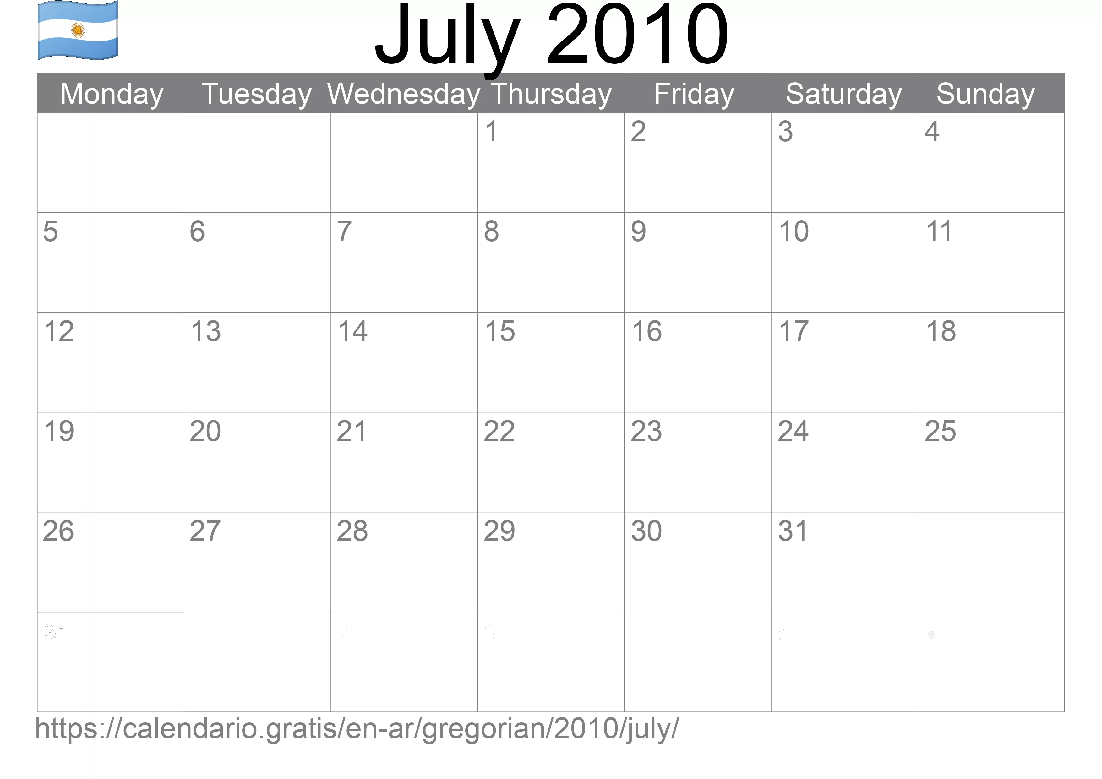 Calendar July 2010 to print (Argentina)