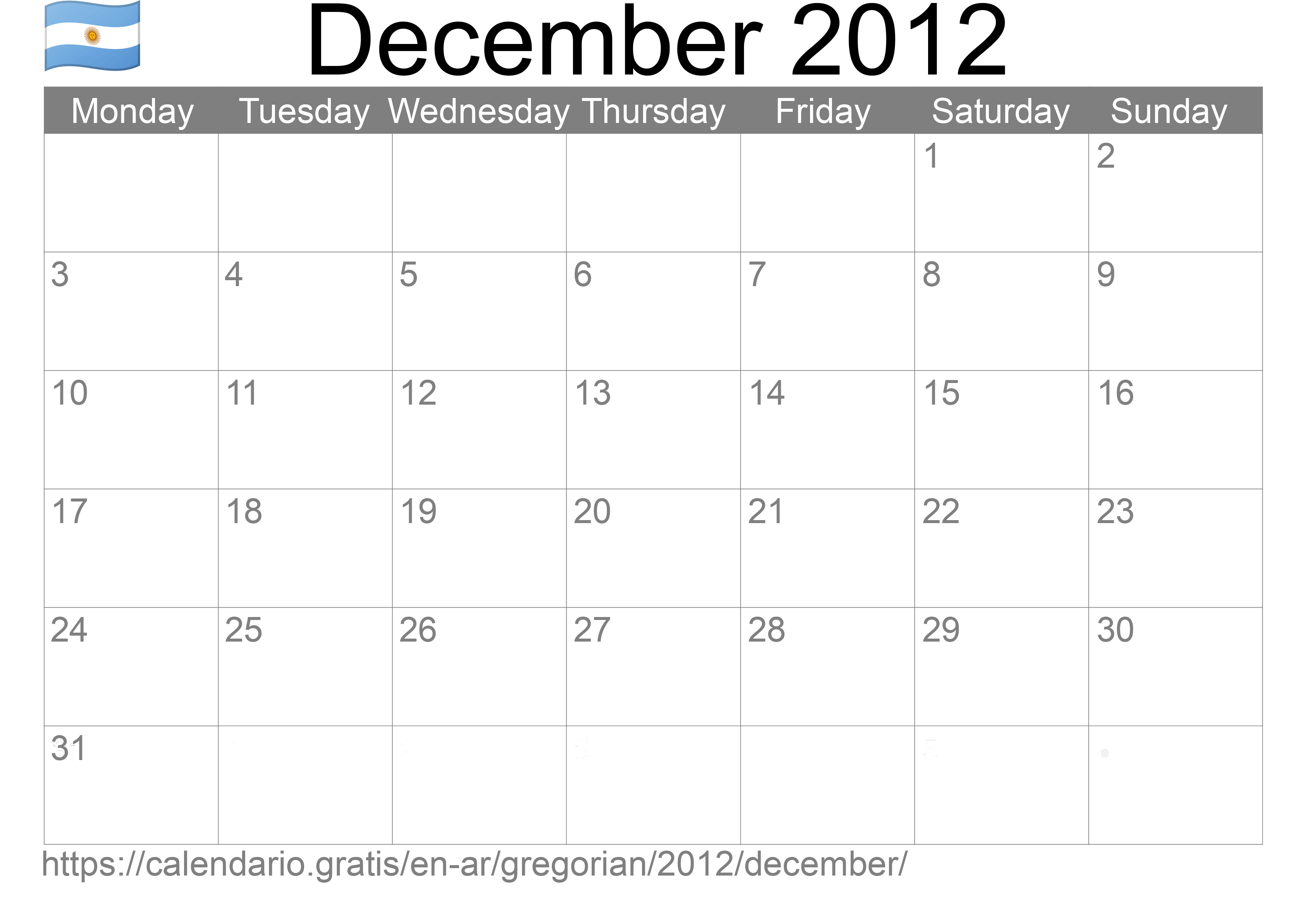 Calendar December 2012 to print