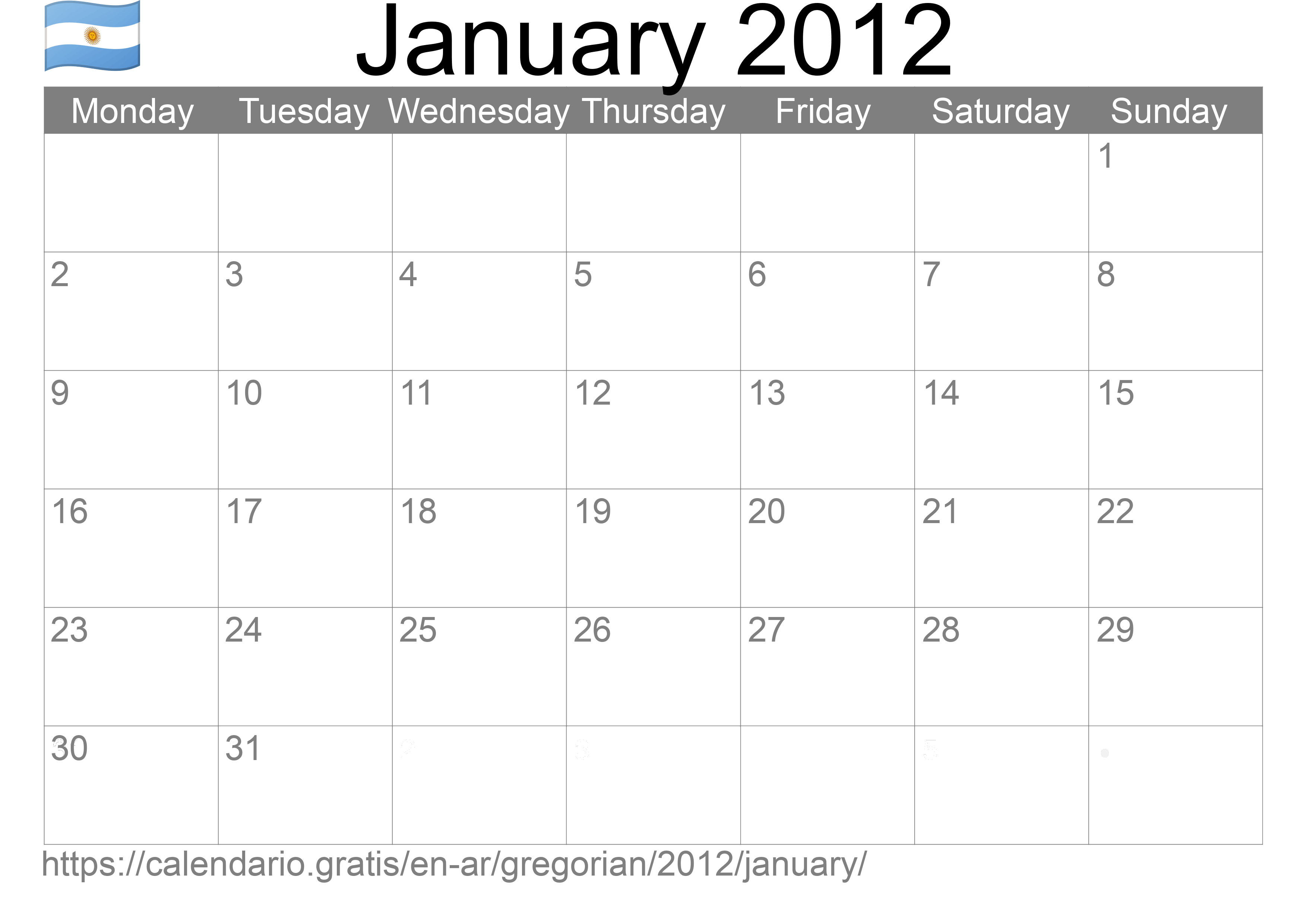 Calendar January 2012 to print