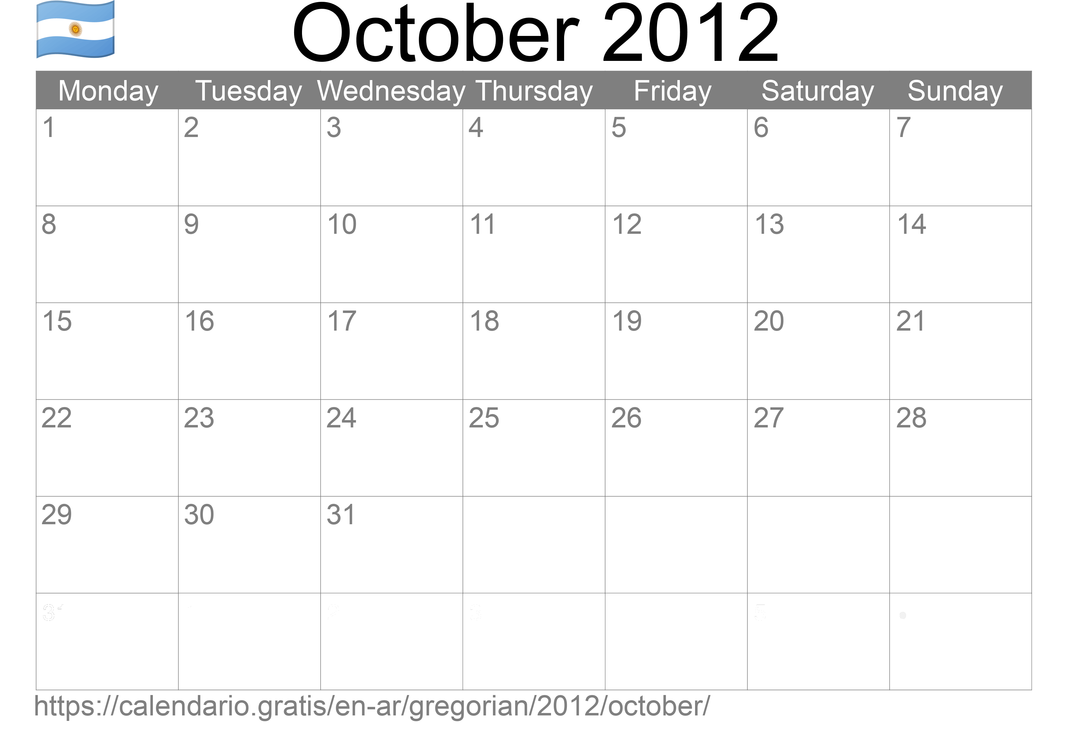 Calendar October 2012 to print