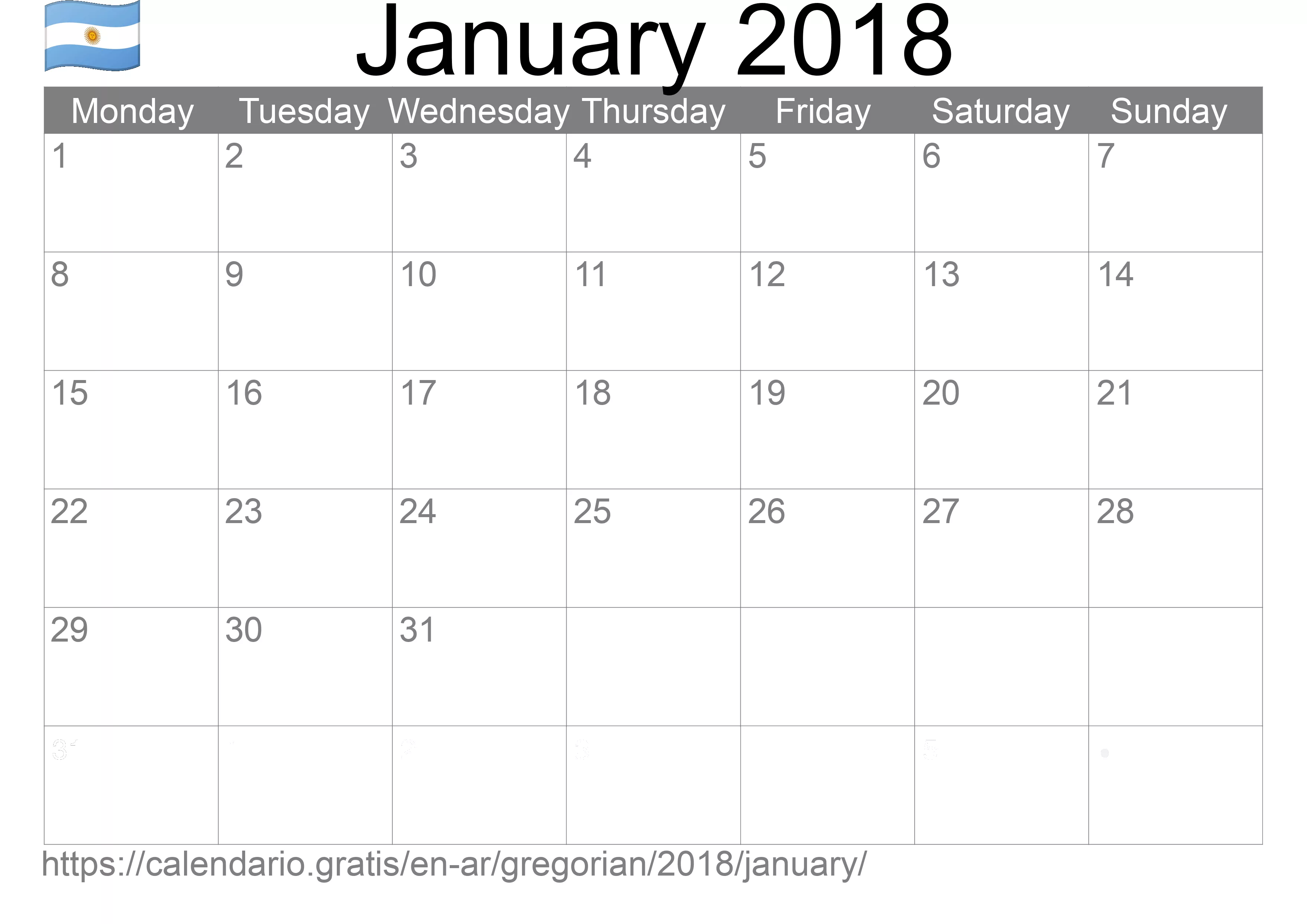 Calendar January 2018 to print (Argentina)