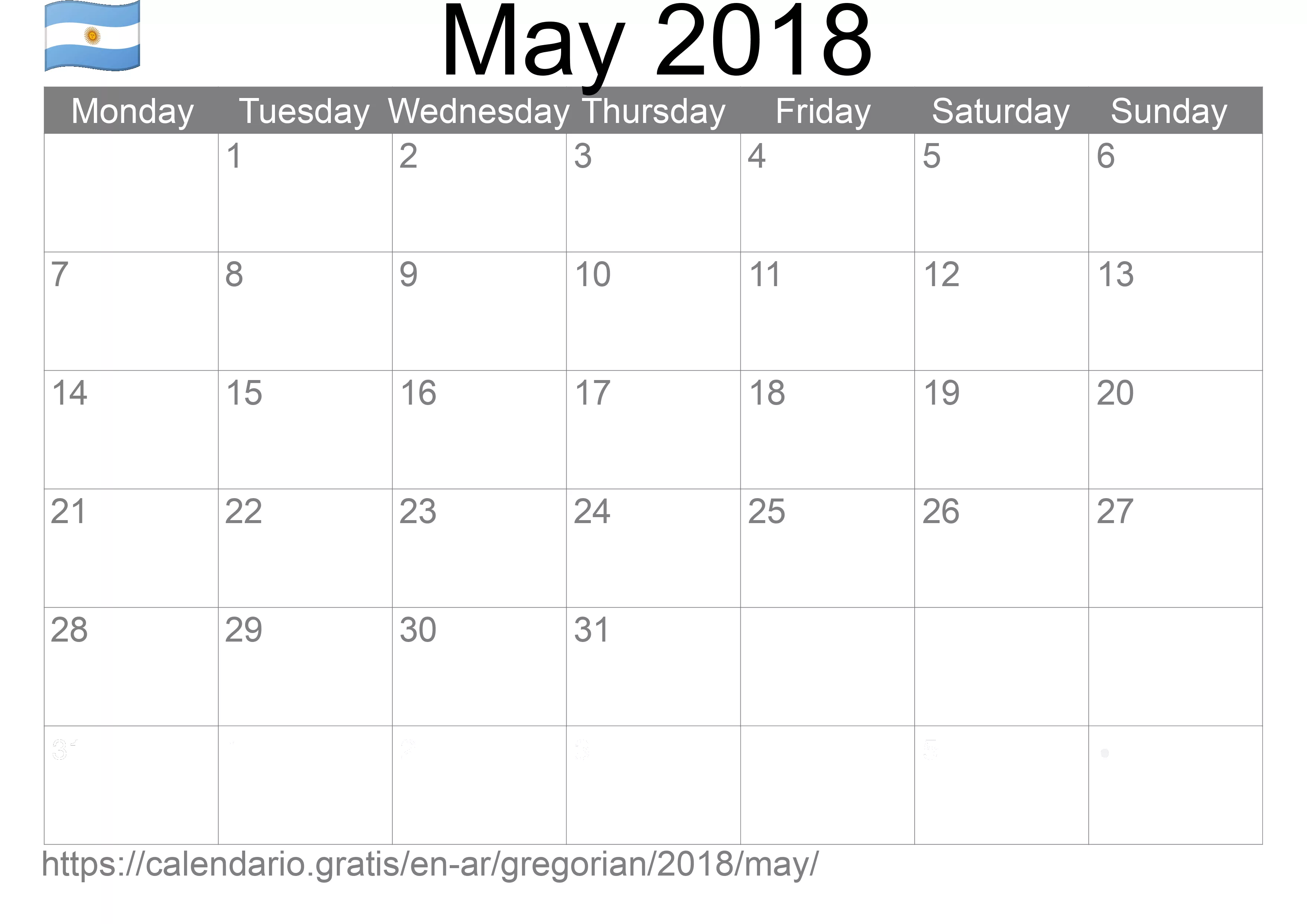Calendar May 2018 to print (Argentina)