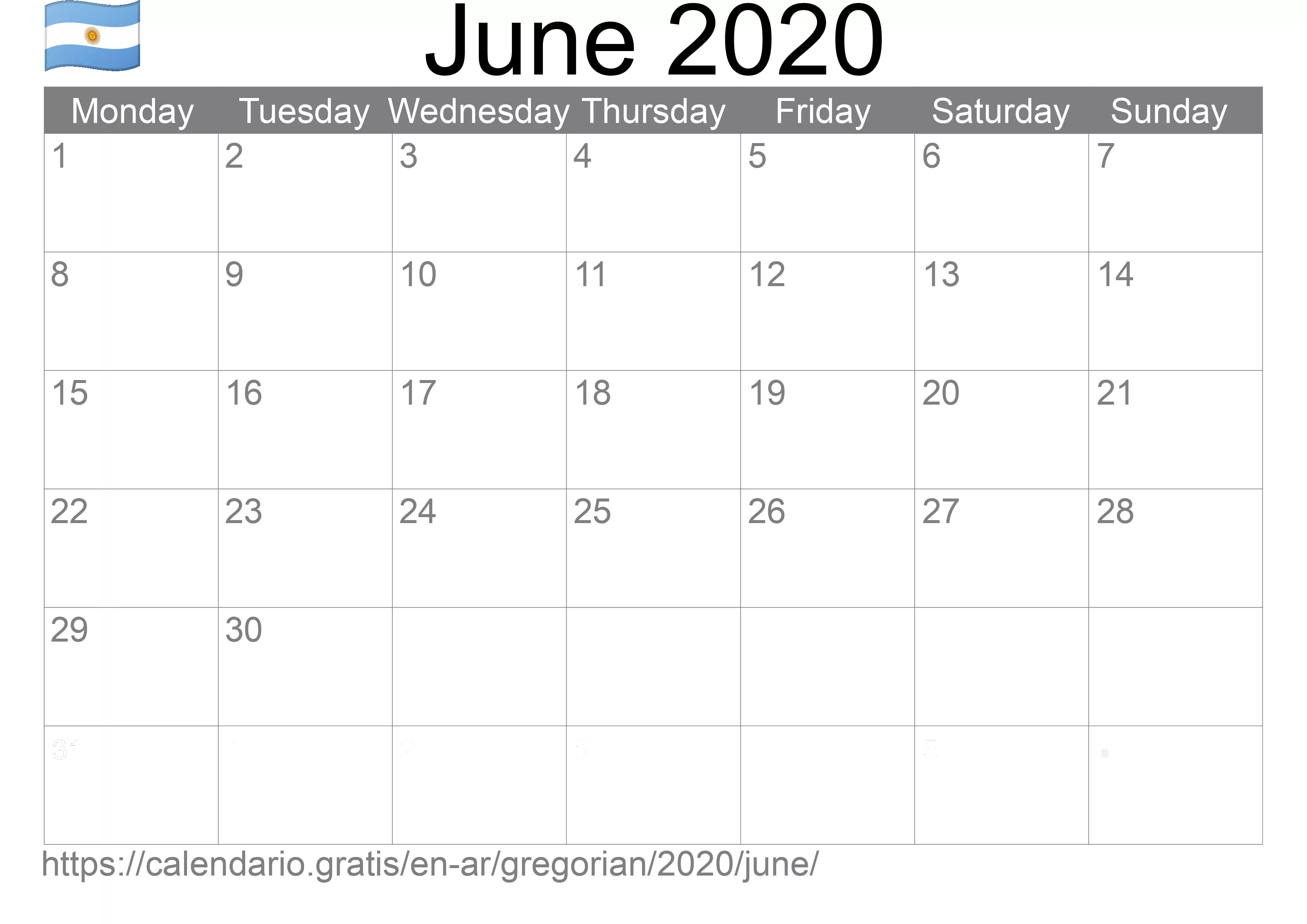 Calendar June 2020 to print (Argentina)