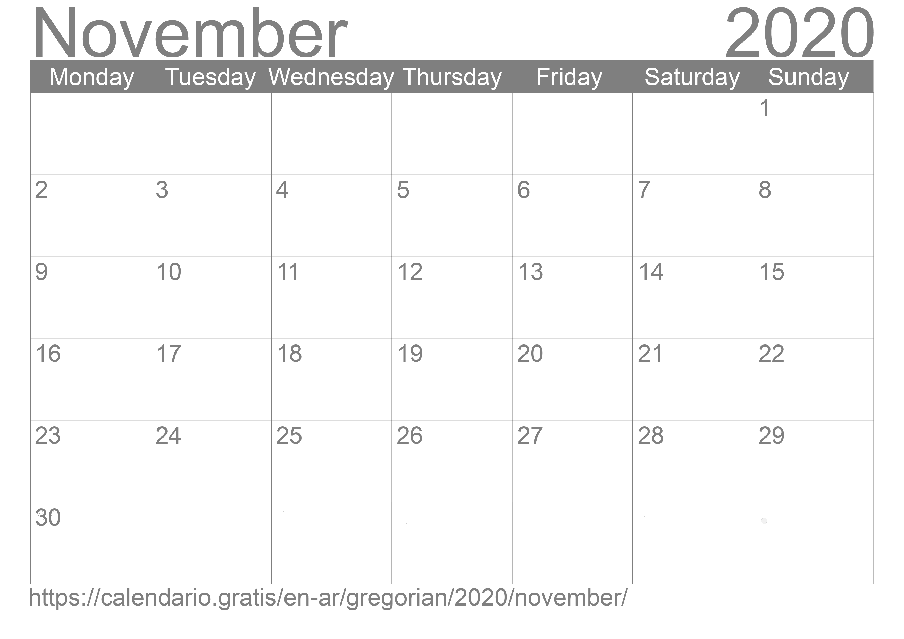 Calendar November 2020 to print
